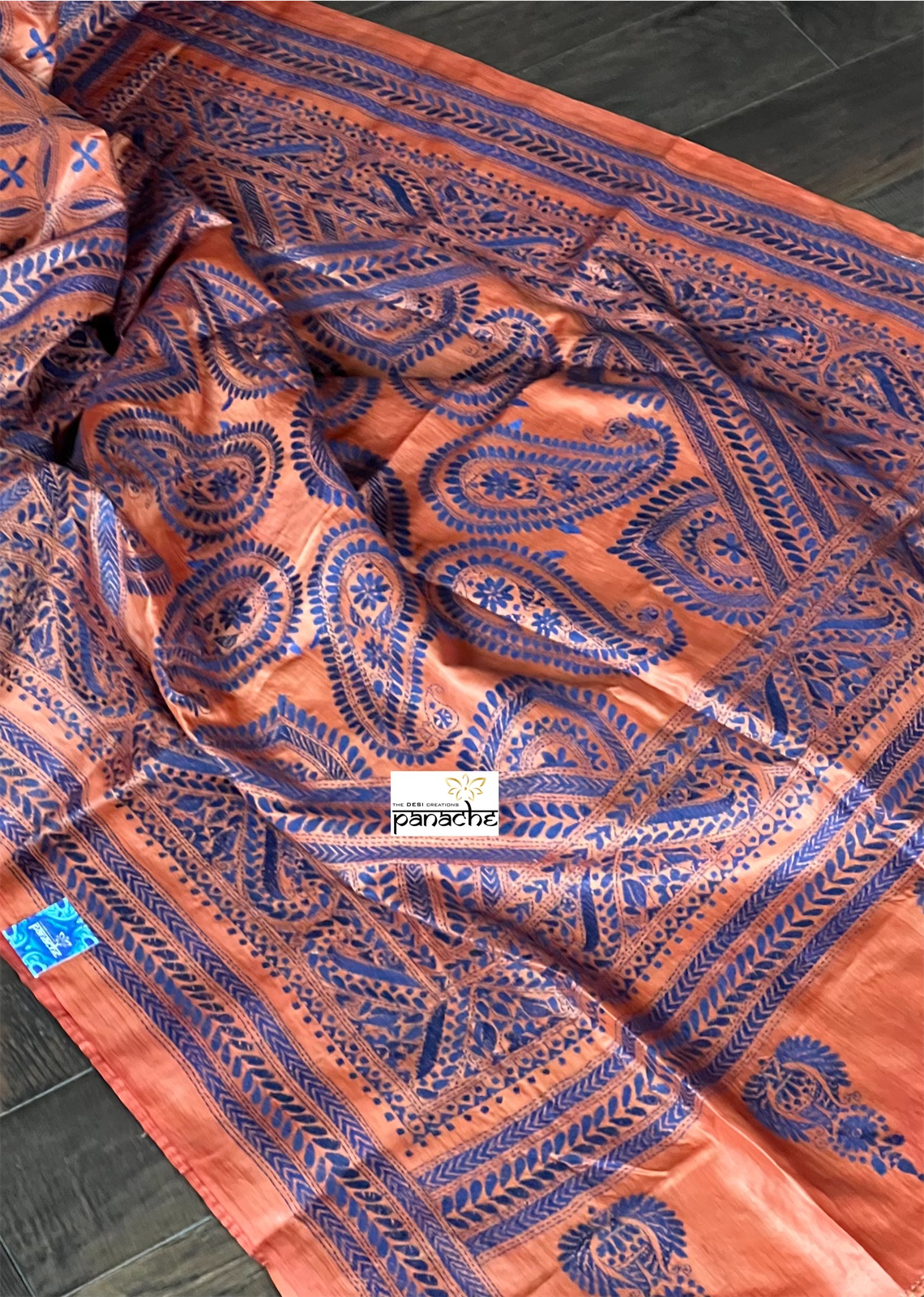 Pure Tussar Silk Kantha Stitch -  Rust Orange