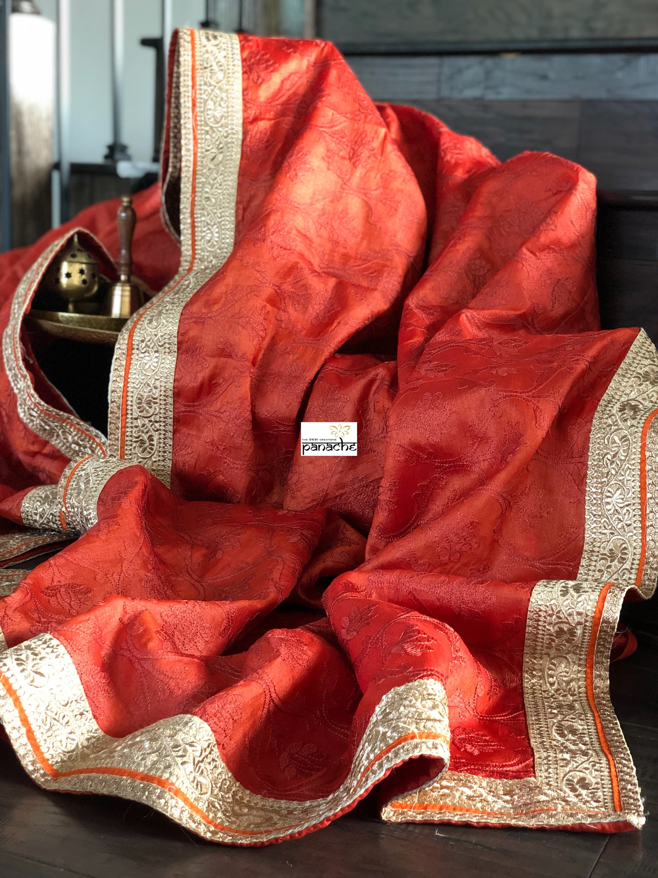 Designer Tussar Silk - Rust Golden Zari Woven