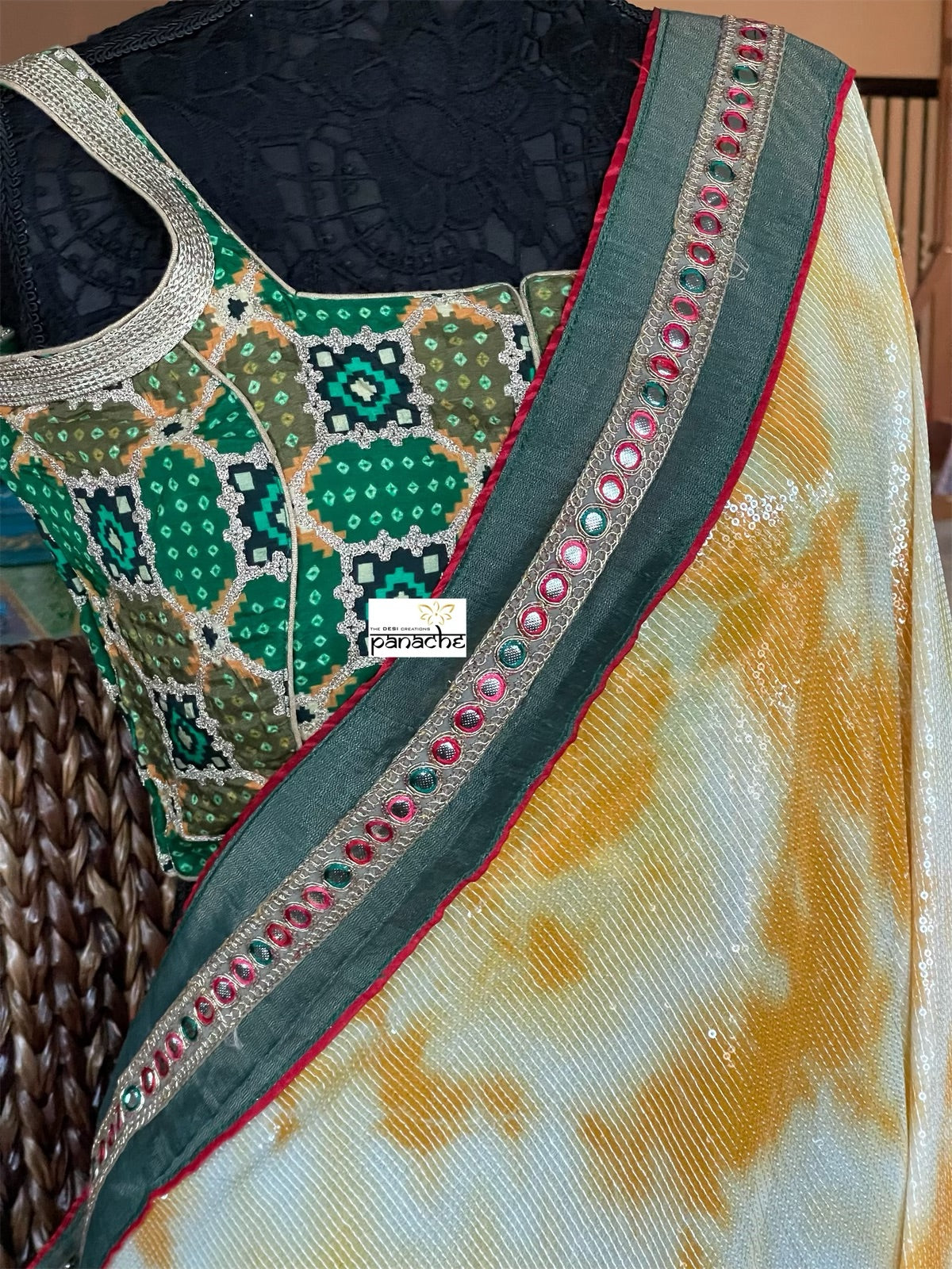 Designer Georgette Sequin Saree - Yellow Orange Tie Dye