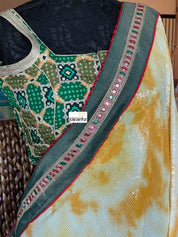 Designer Georgette Sequin Saree - Yellow Orange Tie Dye