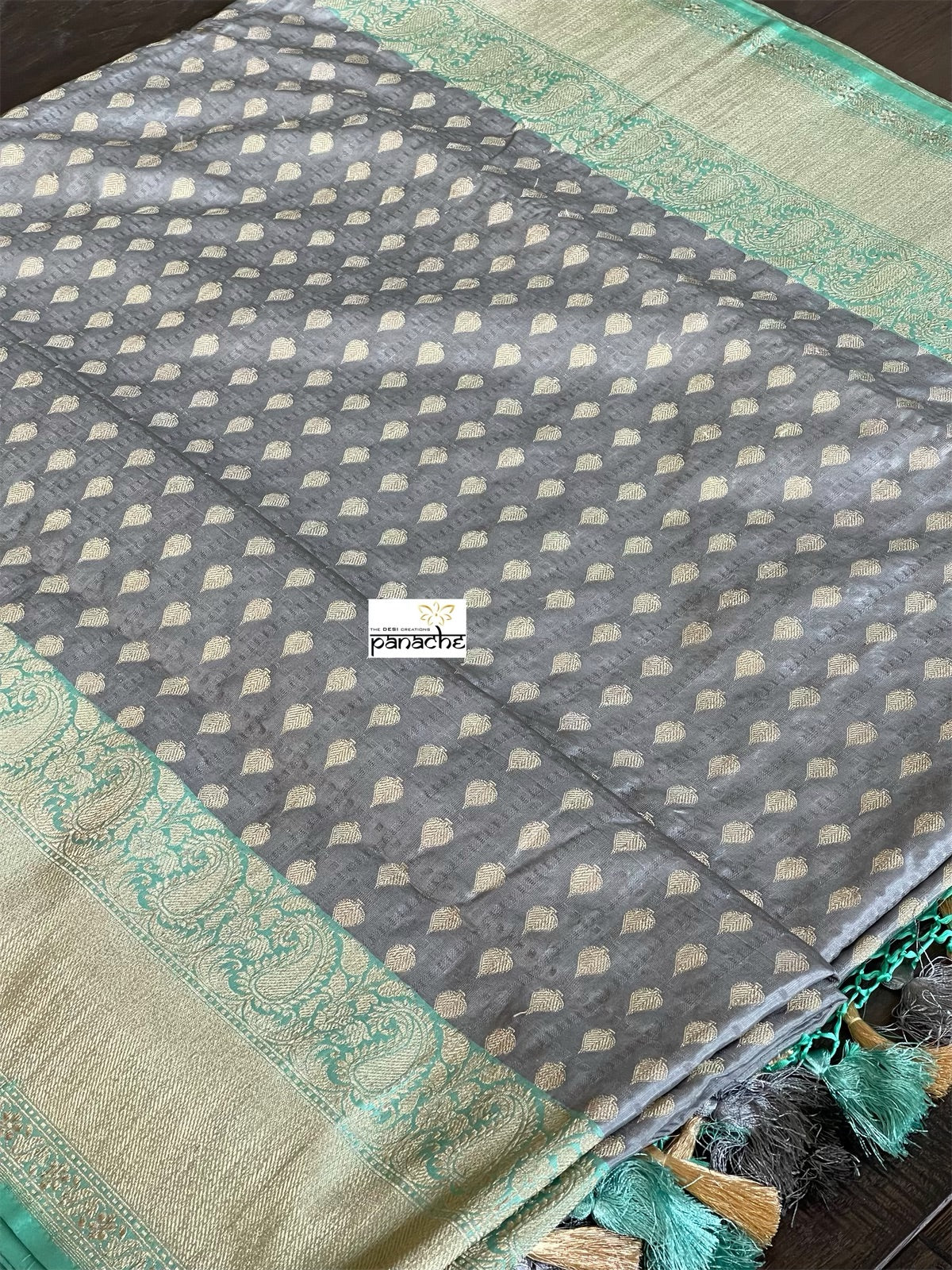 Pure Katan Silk Banarasi - Grey Sea Green Checkered