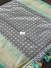 Pure Katan Silk Banarasi - Grey Sea Green Checkered