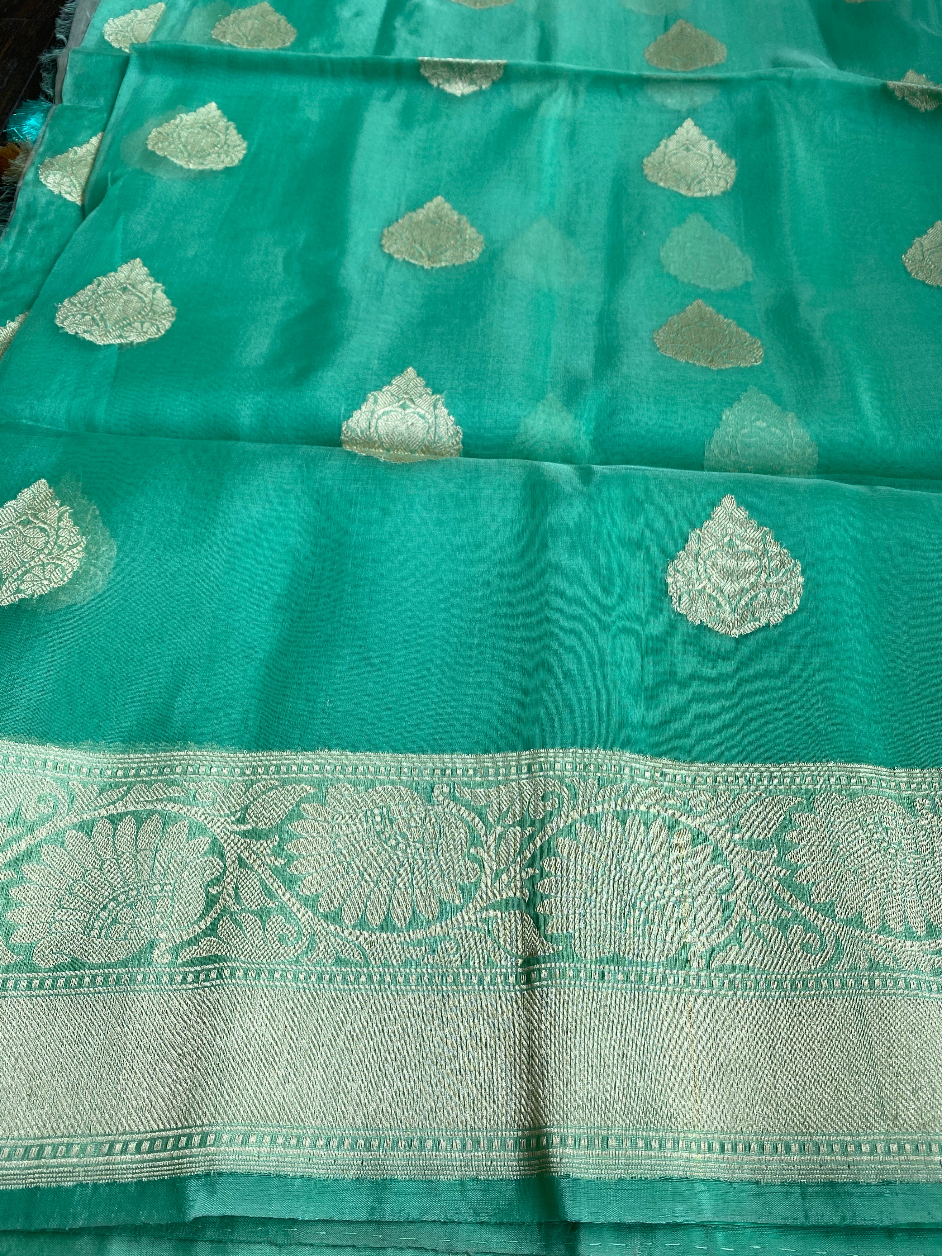 Organza Silk Banarsi - Sea Green Golden Zari