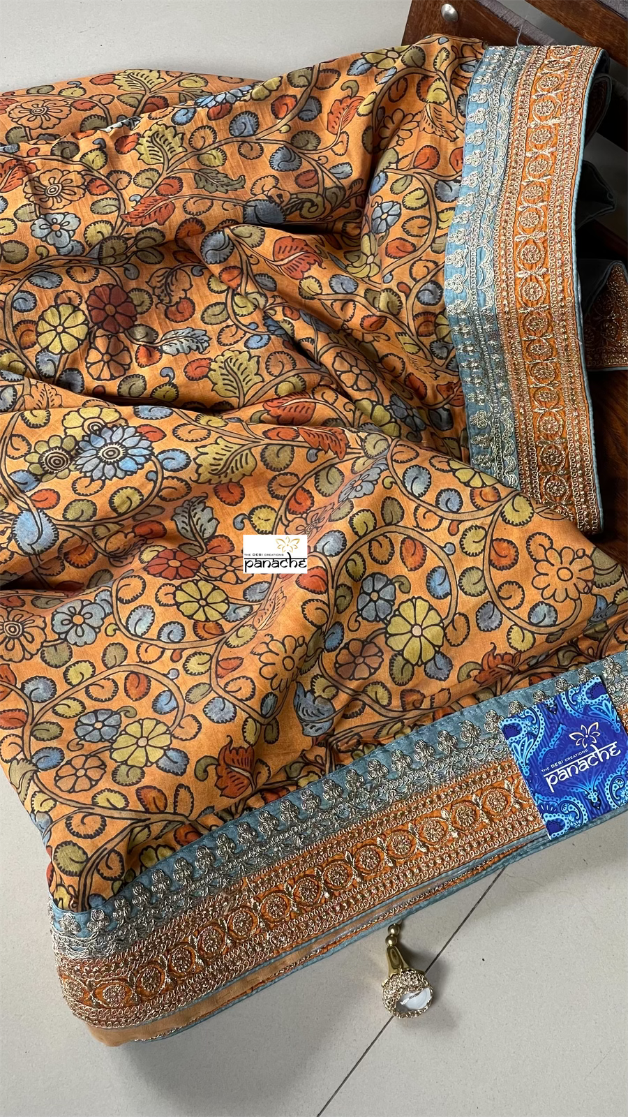 Designer Satin Maslin Kalamkari - Orange Blue