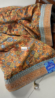 Designer Satin Maslin Kalamkari - Orange Blue