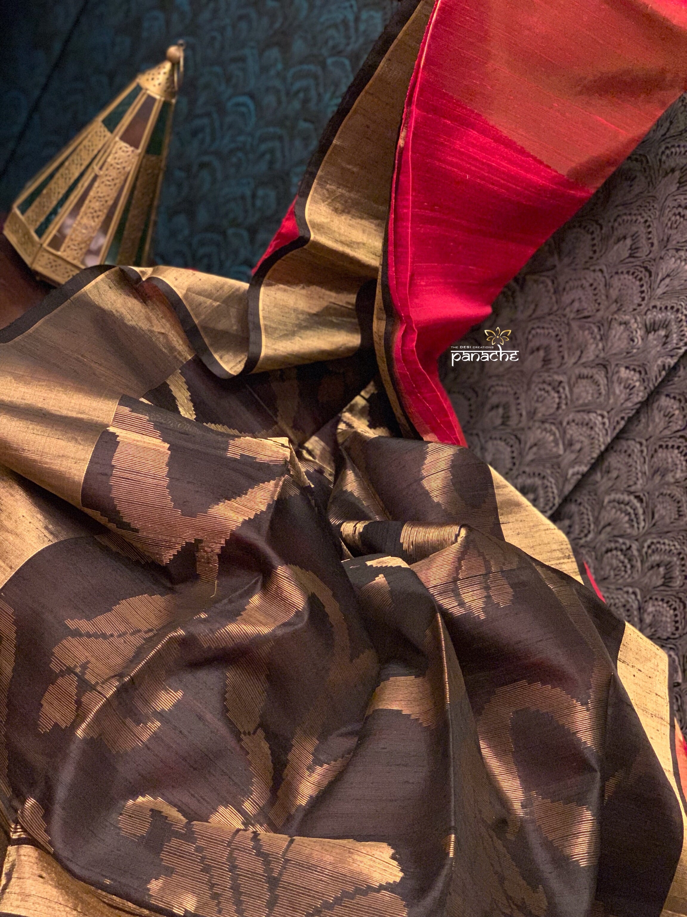 Tussar Dupion Silk Banarasi - Black Red