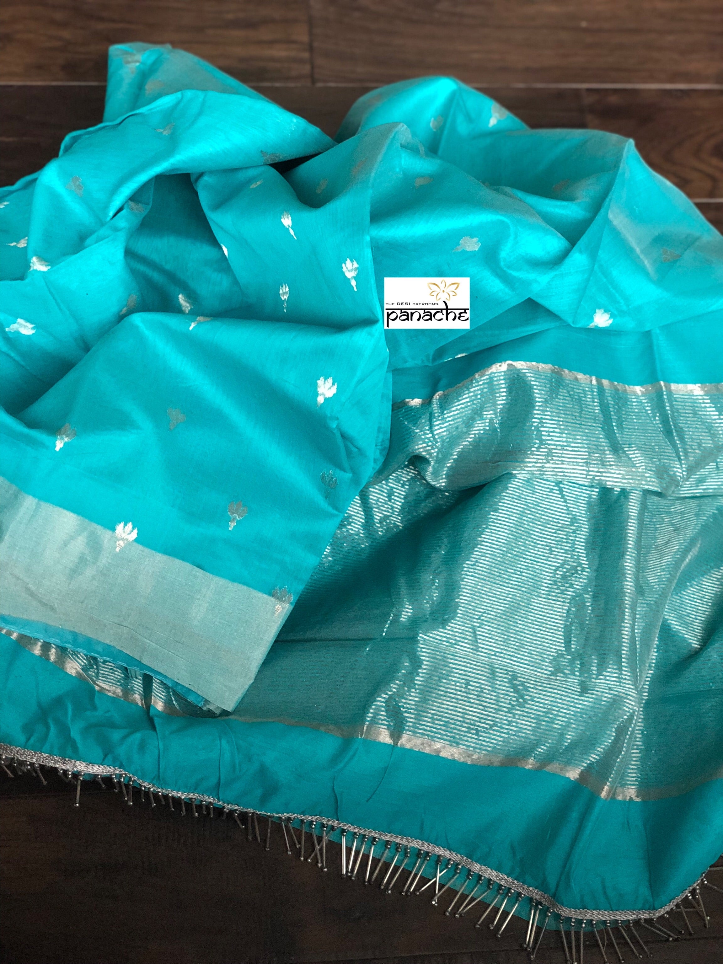 Chanderi Silk Cotton - Firozi Silver Zari