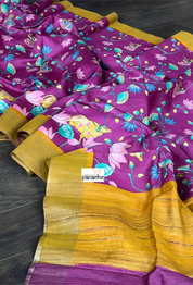 Muga Silk Pichwai Printed - Purple Ochre Yellow