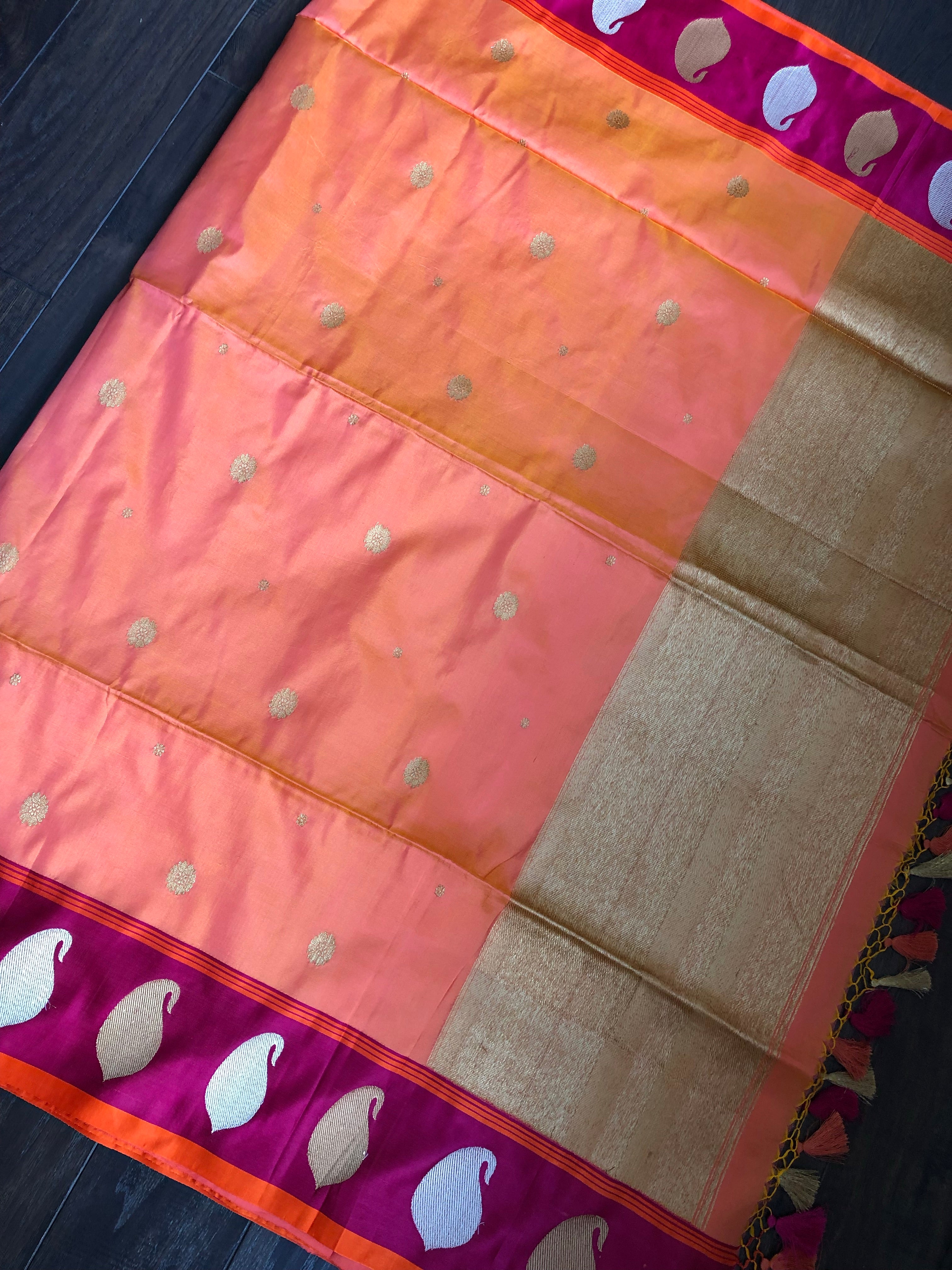 Katan Silk Banarasi - Peach Orange Dual shaded