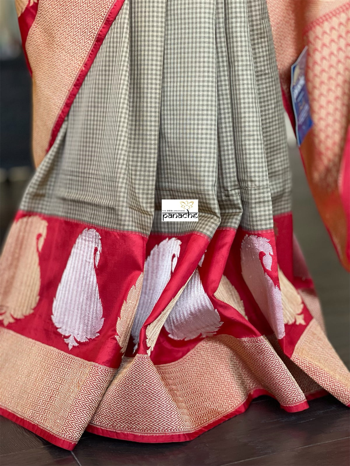 Pure Silk Katan Banarasi - Sage Green Grey Checks Kadwa Paisley