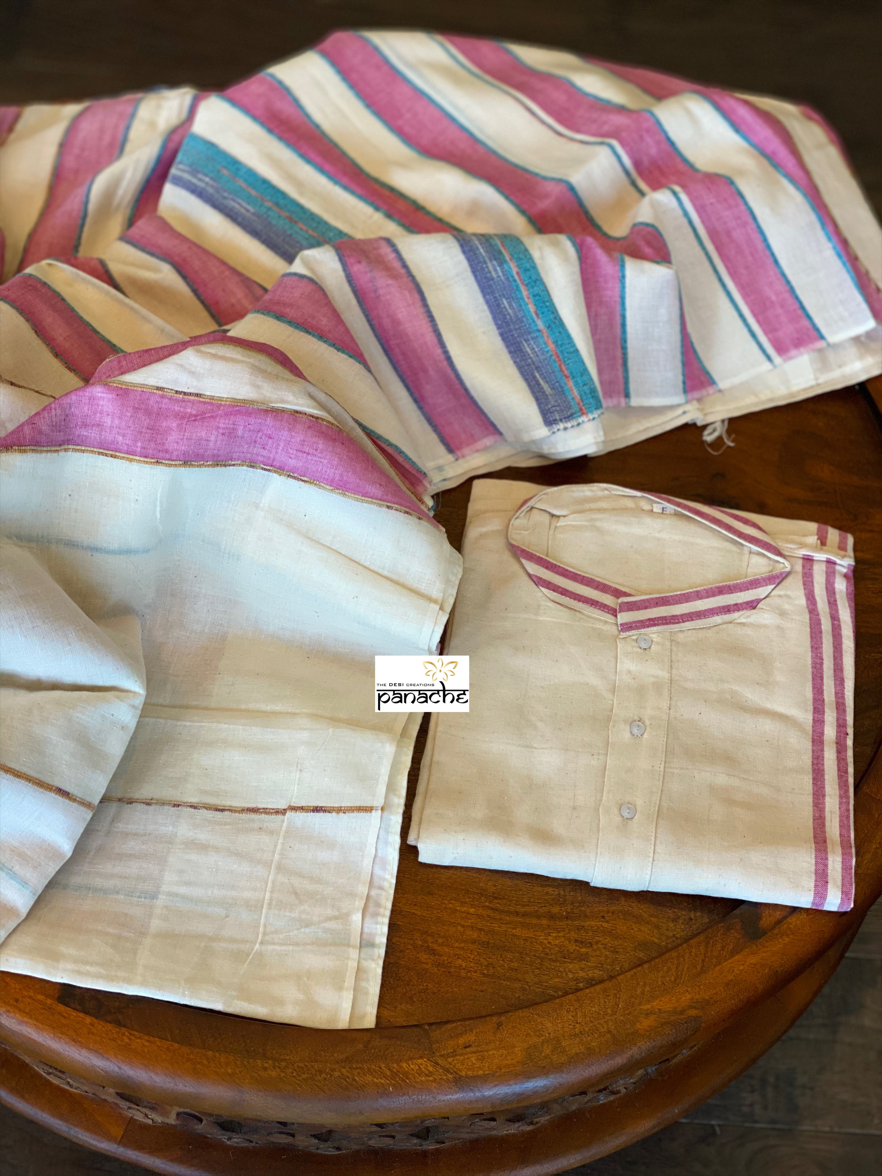 Khadi Cotton Saree Kurta Pair - Offwhite Pink