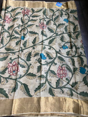 Pen Kalamkari Tussar Silk - Hand-painted Beige Green