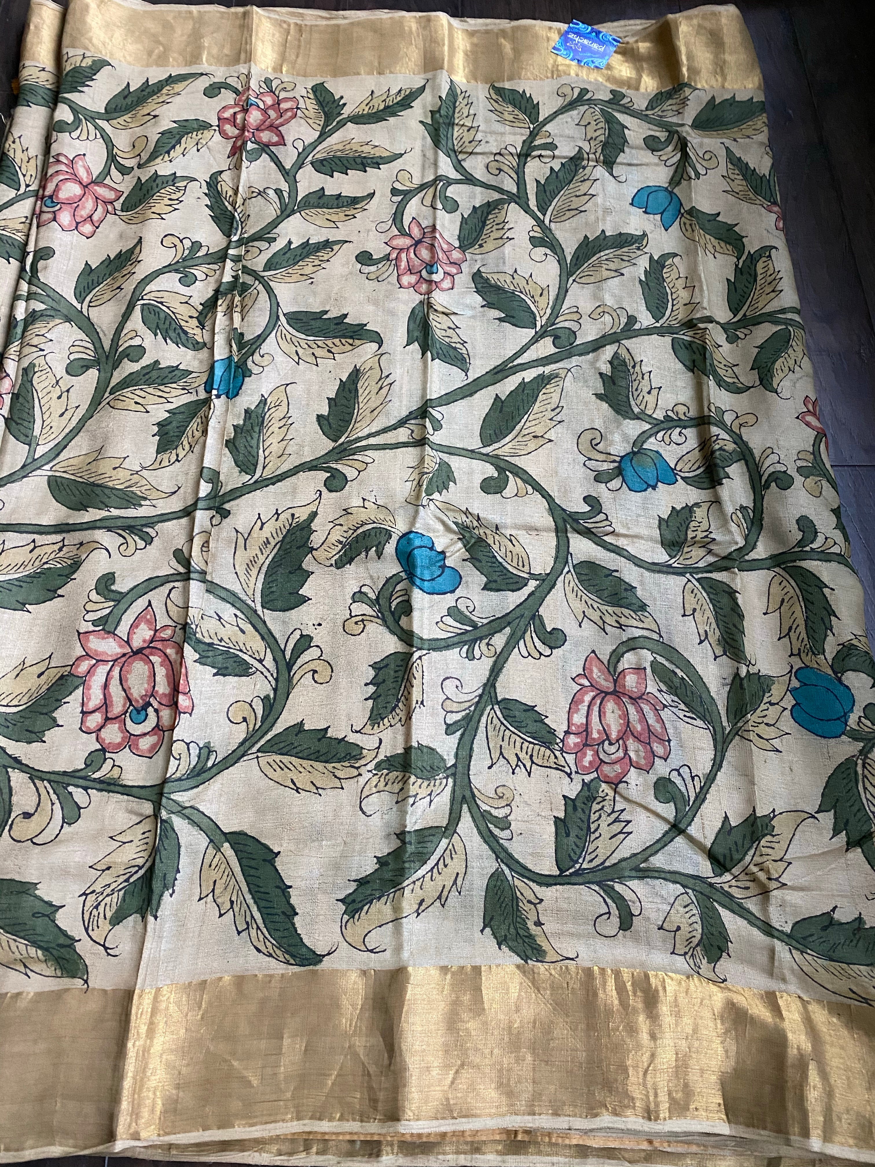 Pen Kalamkari Tussar Silk - Hand-painted Beige Green