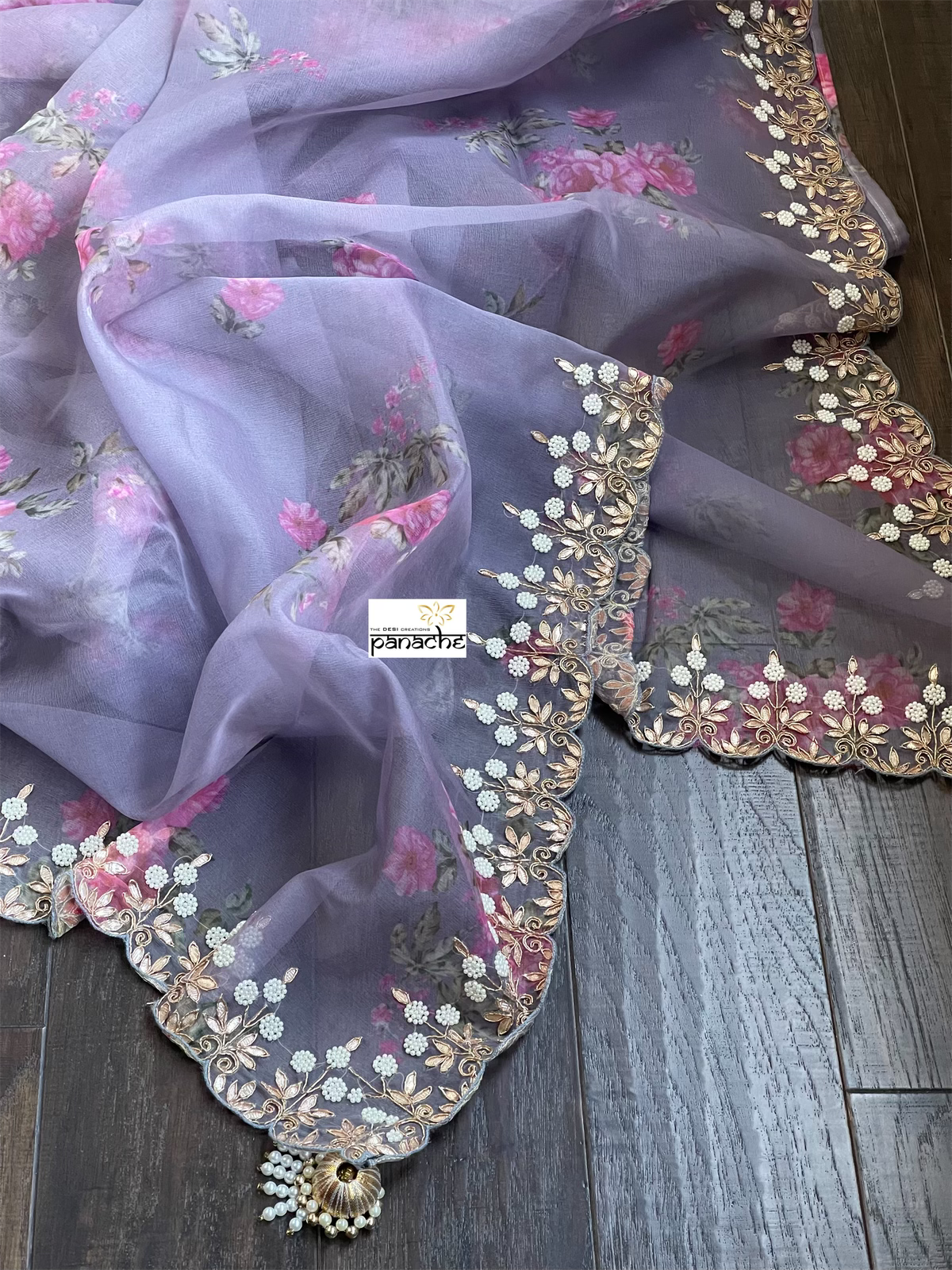 Designer Organza Floral - Bluish Grey Handwork Border