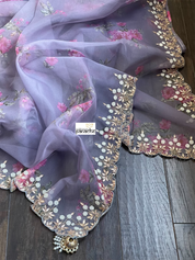 Designer Organza Floral - Bluish Grey Handwork Border