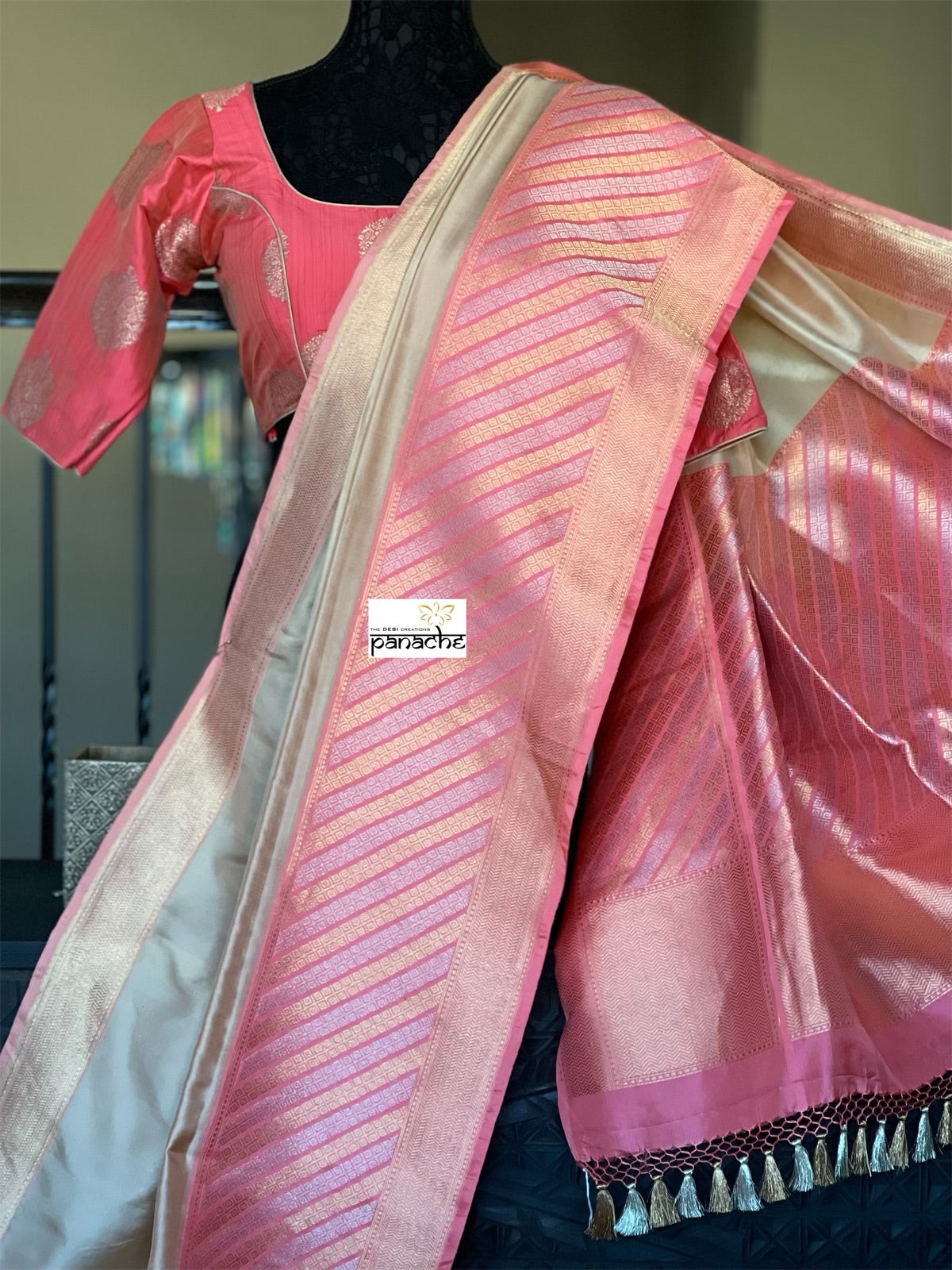 Pure Katan Silk Benarasi - Ivory Pink Golden Silver Zari