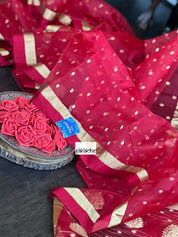 Pure Chanderi Organza Silk - Red Golden Zari