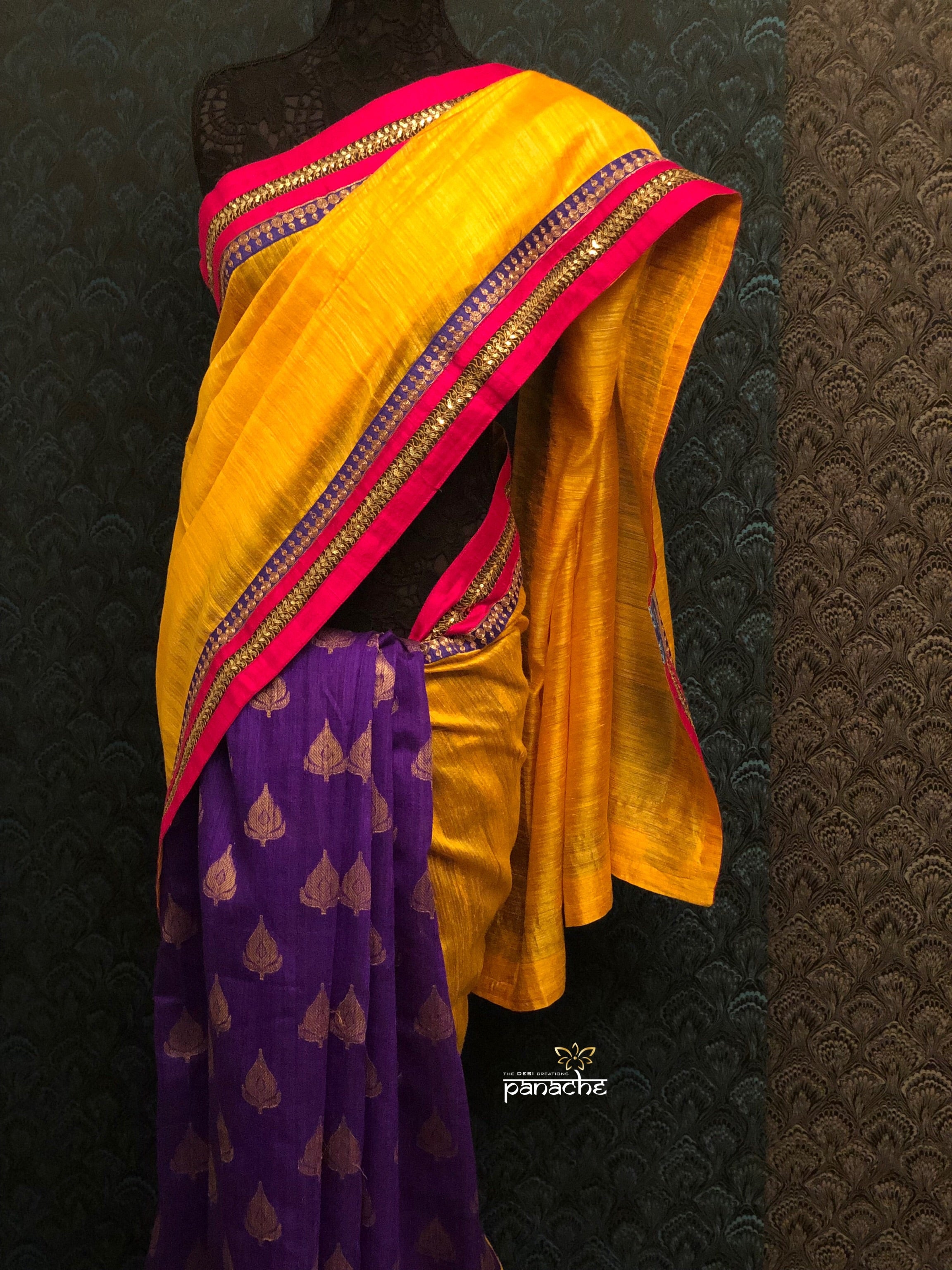 Designer Tussar Silk - Yellow Blue Half Half