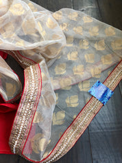 Designer Saree - Golden Tissue Red Soft Silk Half Half