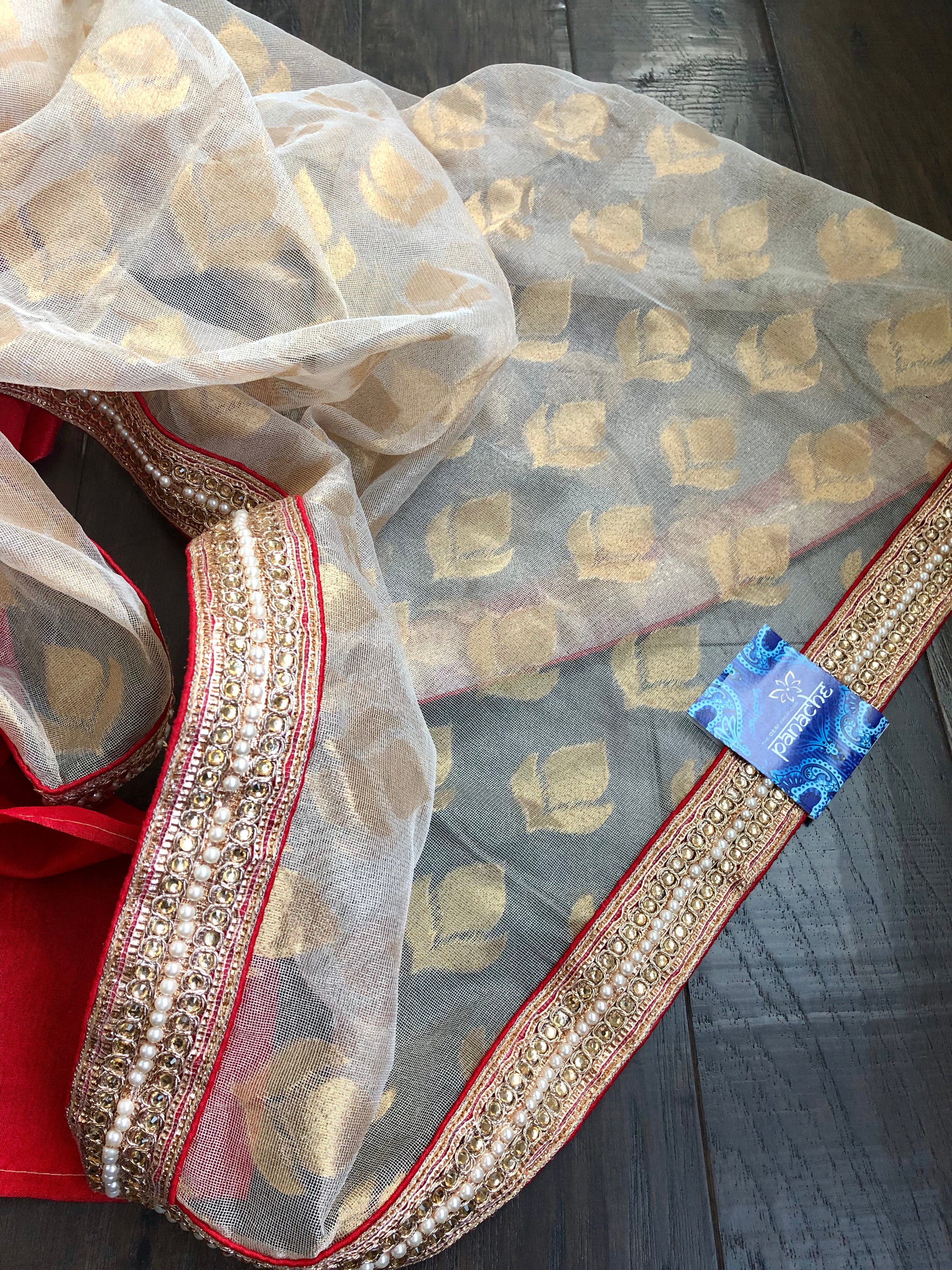 Designer Saree - Golden Tissue Red Soft Silk Half Half