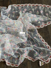 Designer Organza - Off-white Maroon Hand embroidered