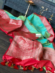 Pure Tassur Silk Banarasi - Sea Green Red