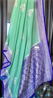 Chiffon Georgette Silk Banarasi - Mint Green Purplish blue