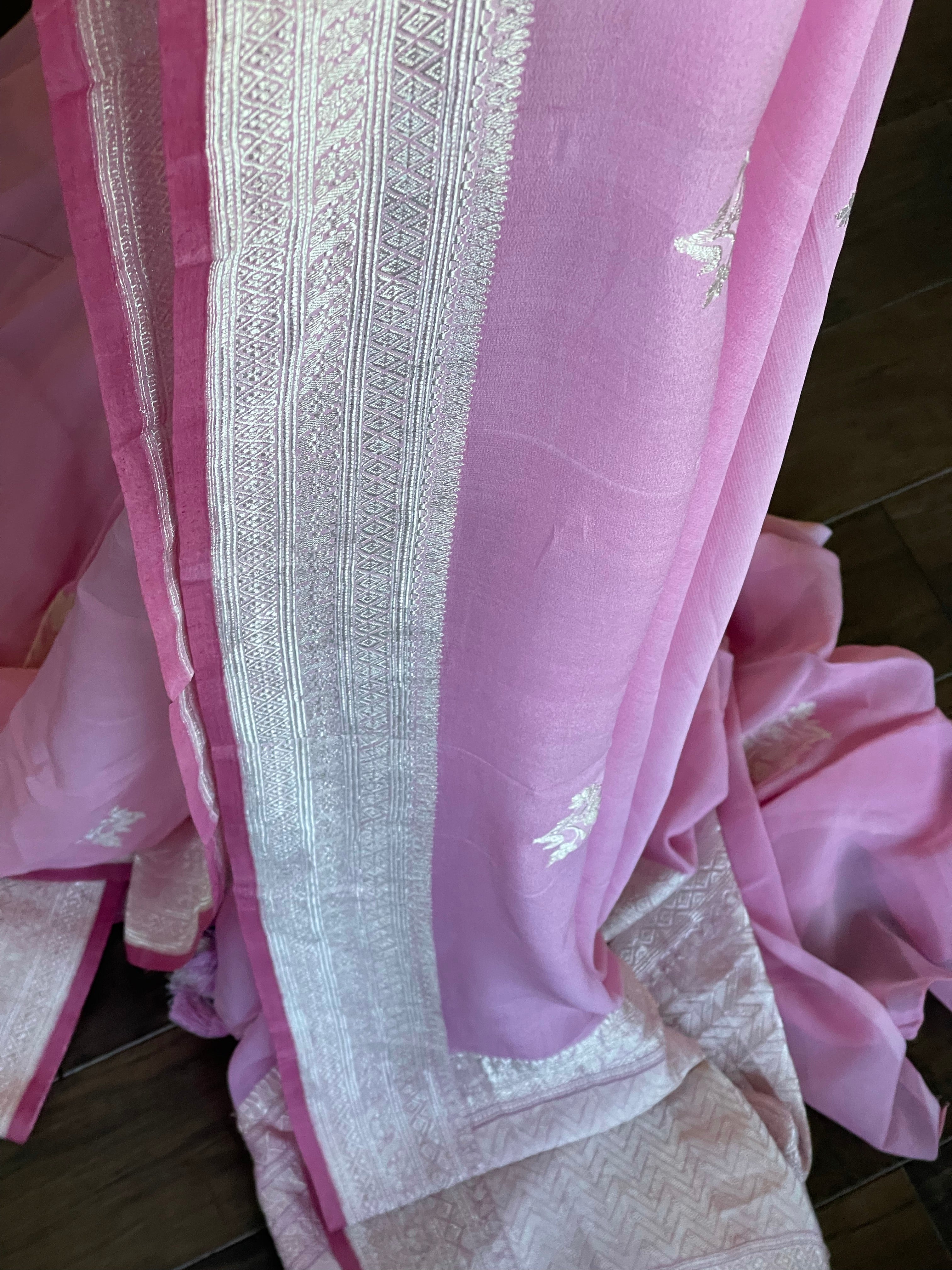 Khaddi Georgette Silk Banarasi - Pink Khadhua Woven