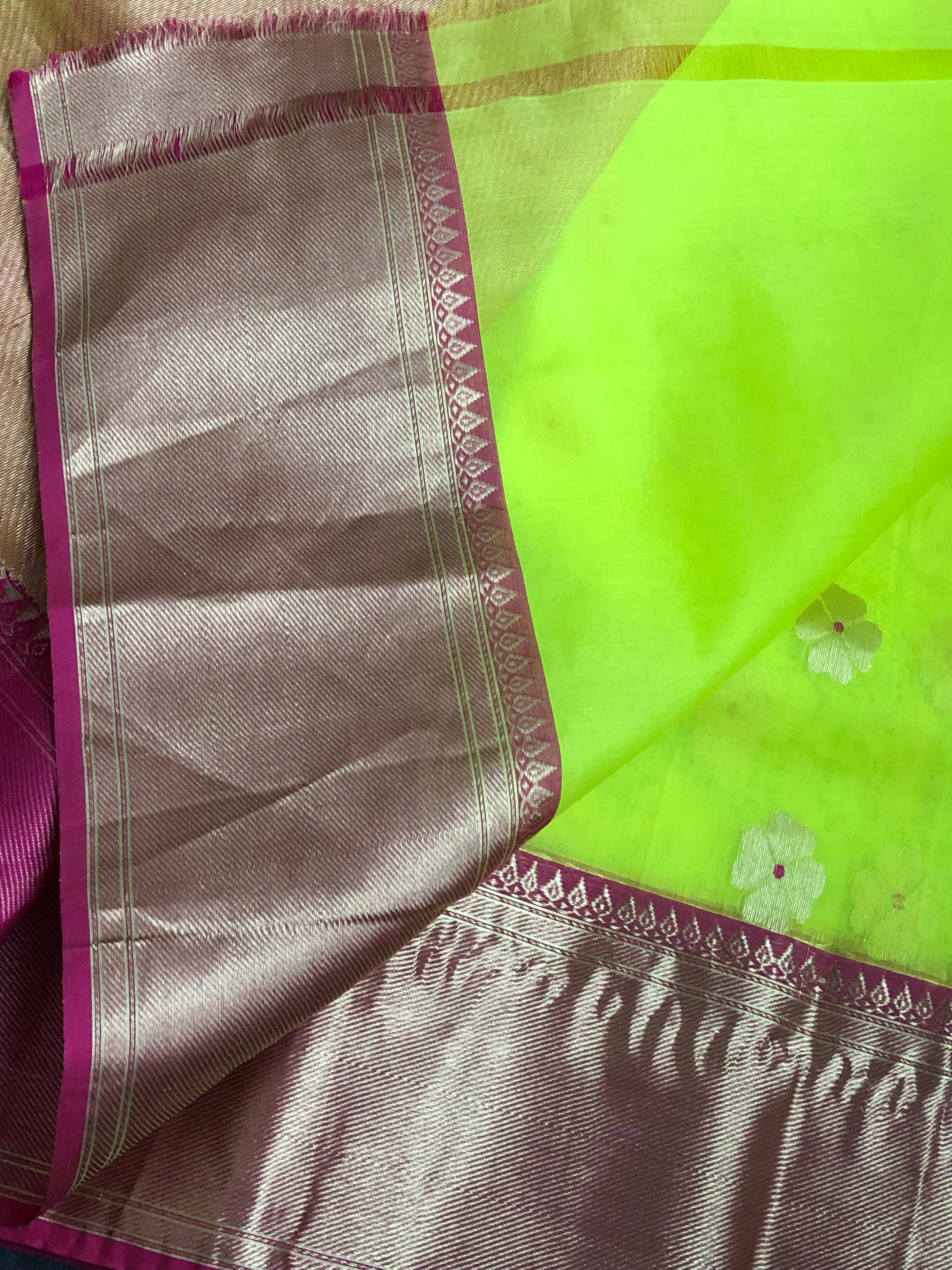 Chanderi Organza Silk - Neon Green Magenta Meenakari