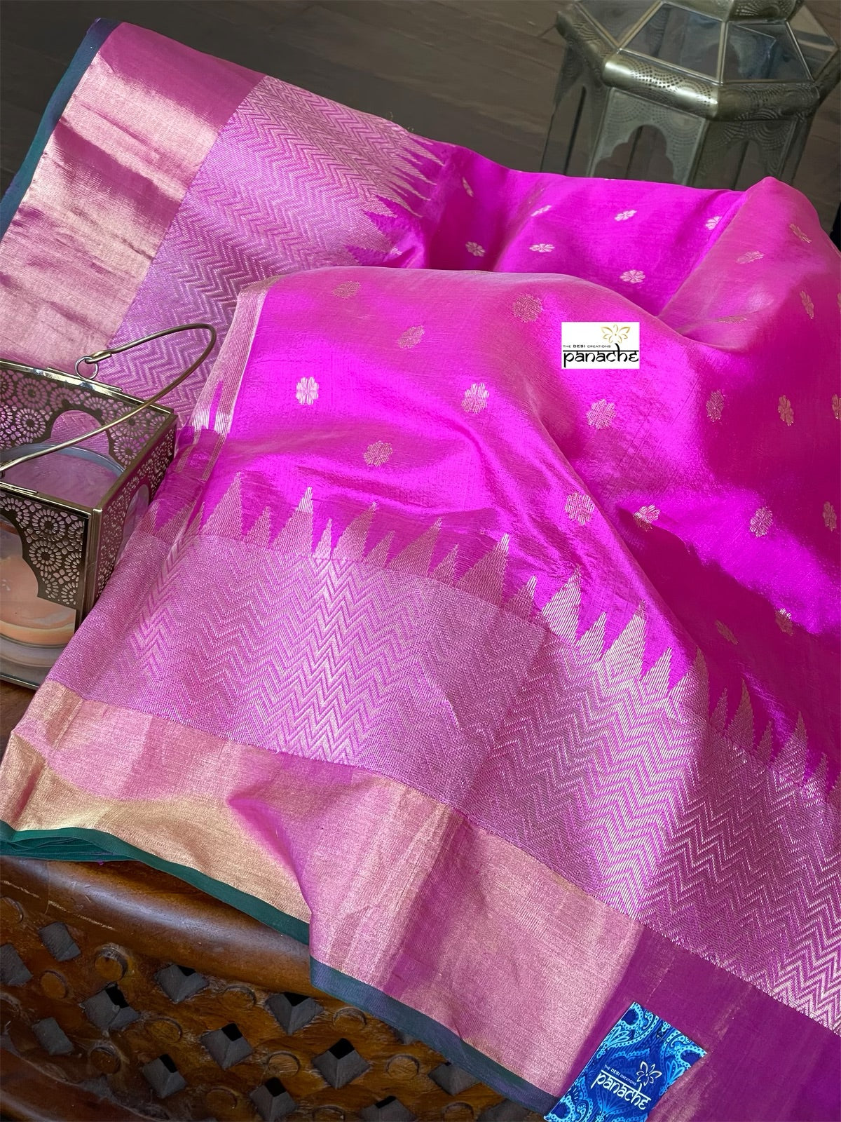 Pure Chanderi Pattu Silk - Magenta Pink Green Golden Silver Zari Woven