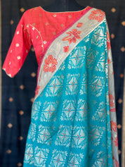 Tussar Georgette Banarasi- Teal Blue Orange Paithani border