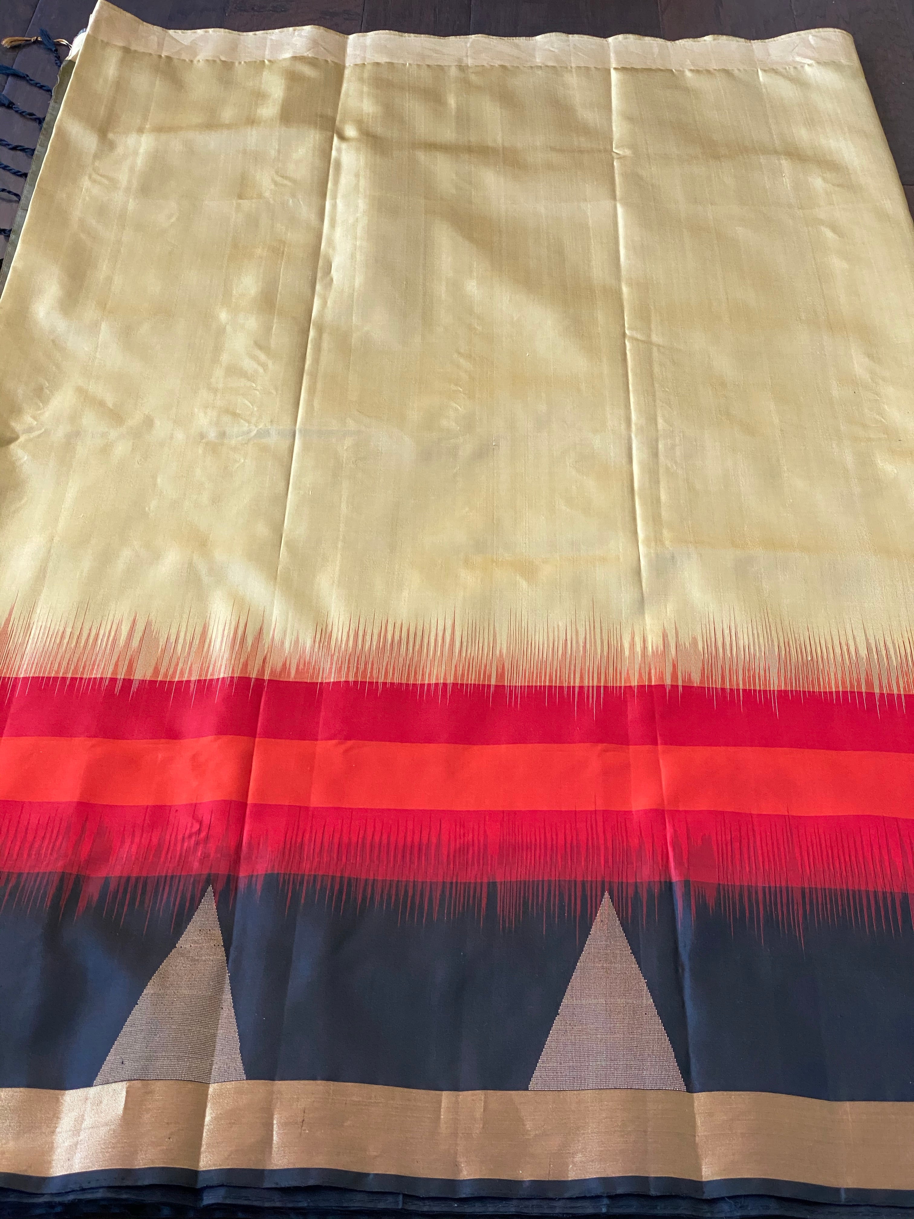 Pure Silk Kanjivaram - Ochre Golden Yellow Red Black