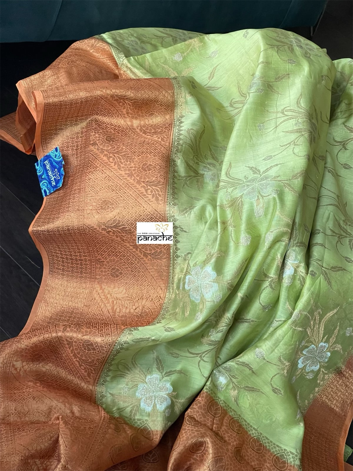 Mulmul Tissue Cotton Banarasi - Pista Green Orange Golden Zari