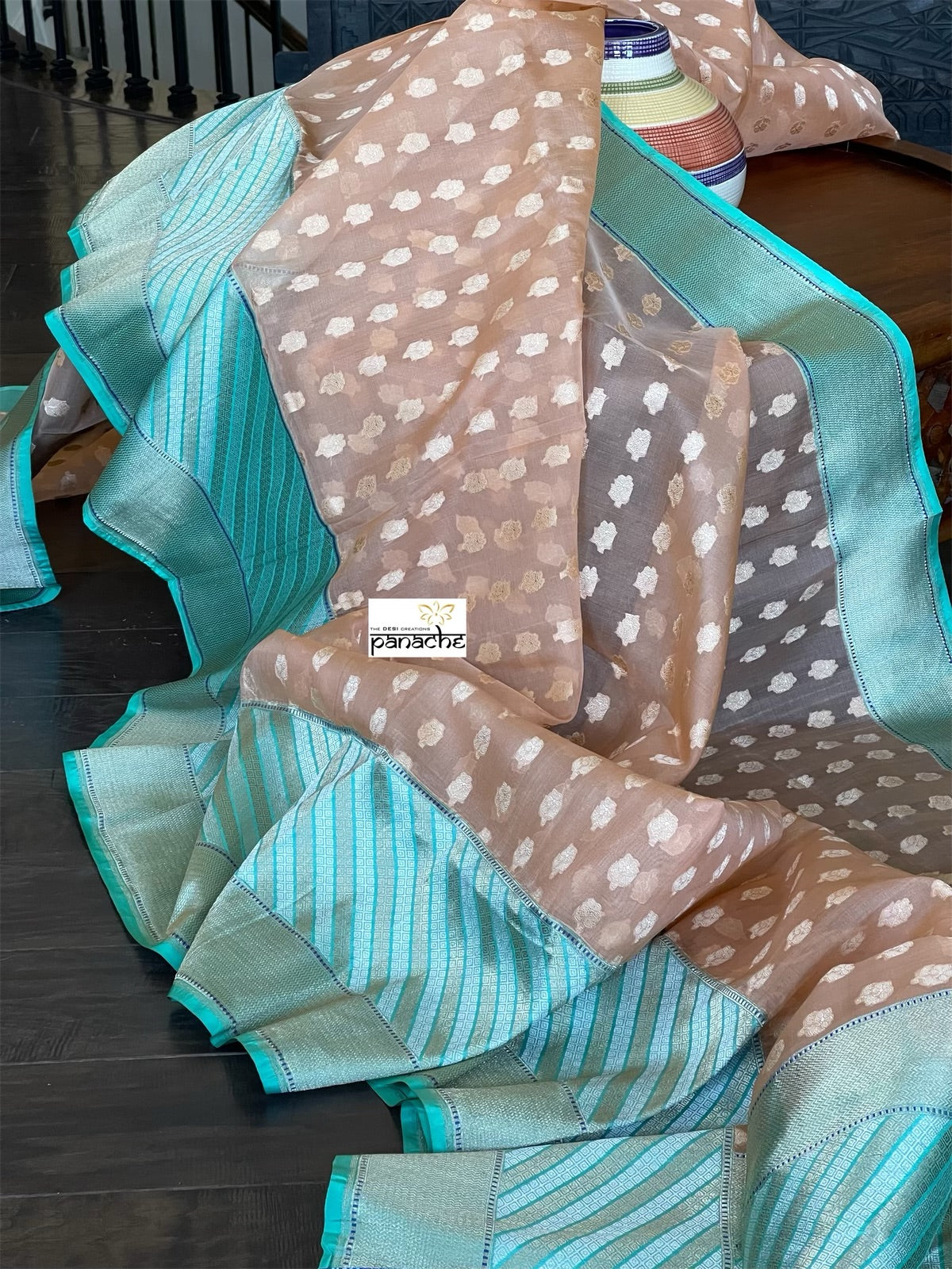 Organza Silk Banarasi - Light Peach Sea Green Antique Zari