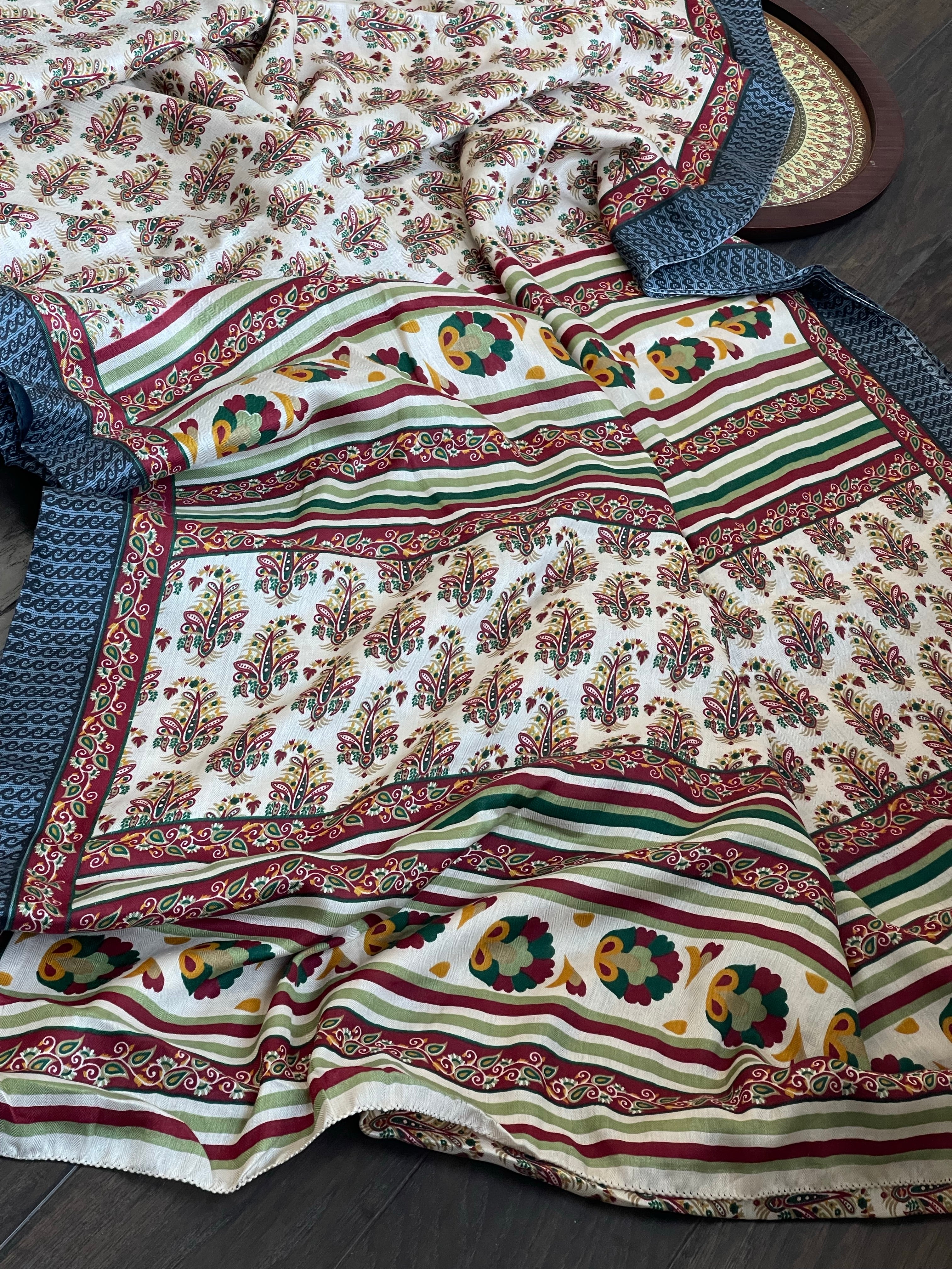 Pashmina Silk Printed - Beige Black Maroon