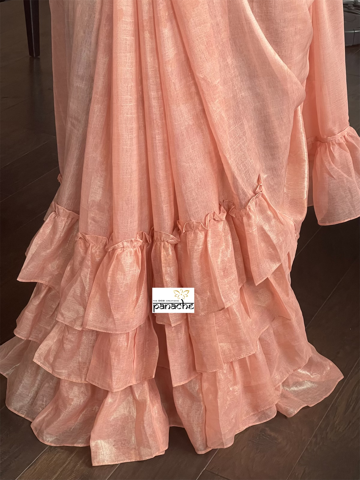 Designer Chiffon Silk - Peach Frill Saree