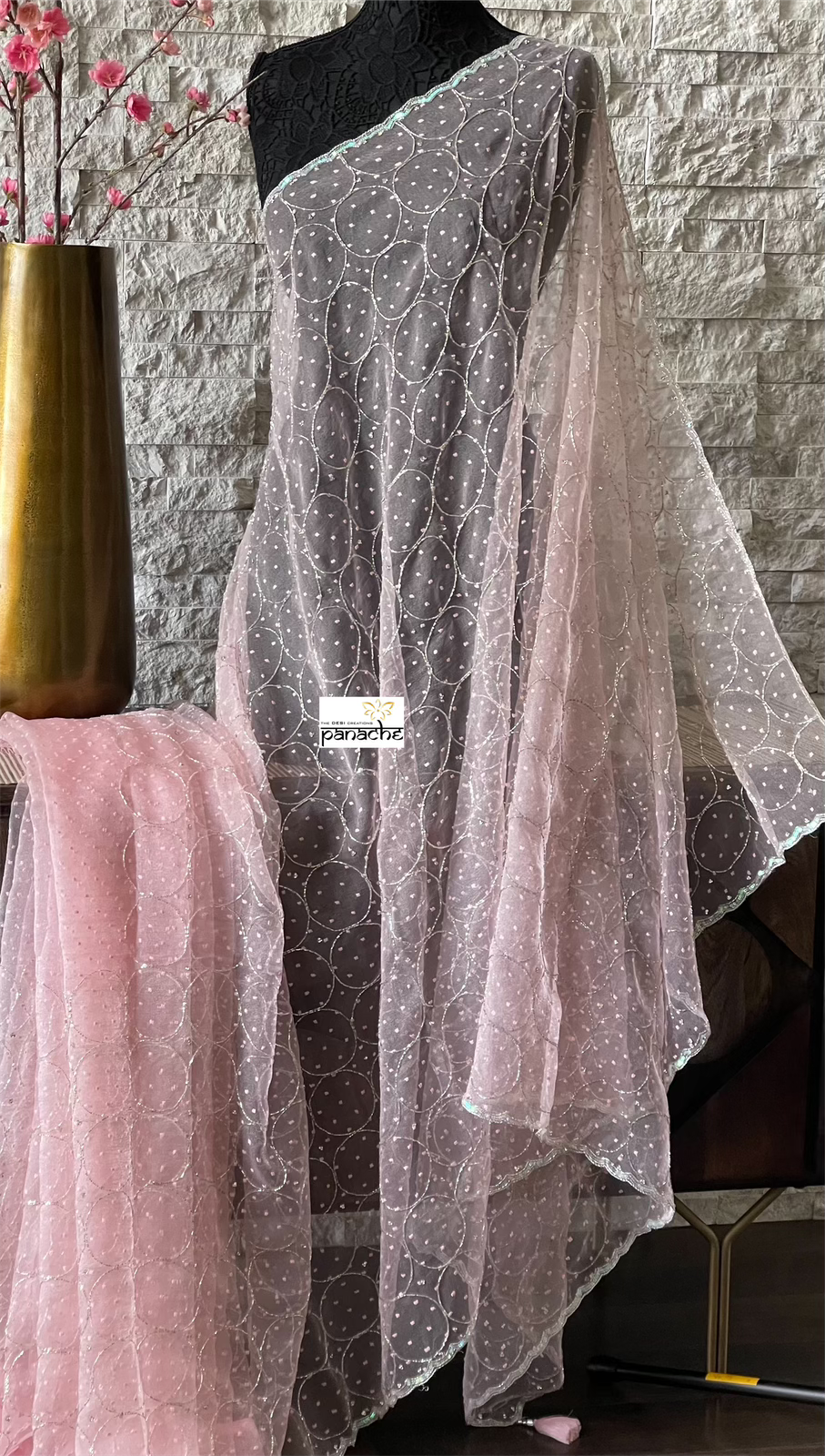 Designer Organza -  Pink Hand Embroidered