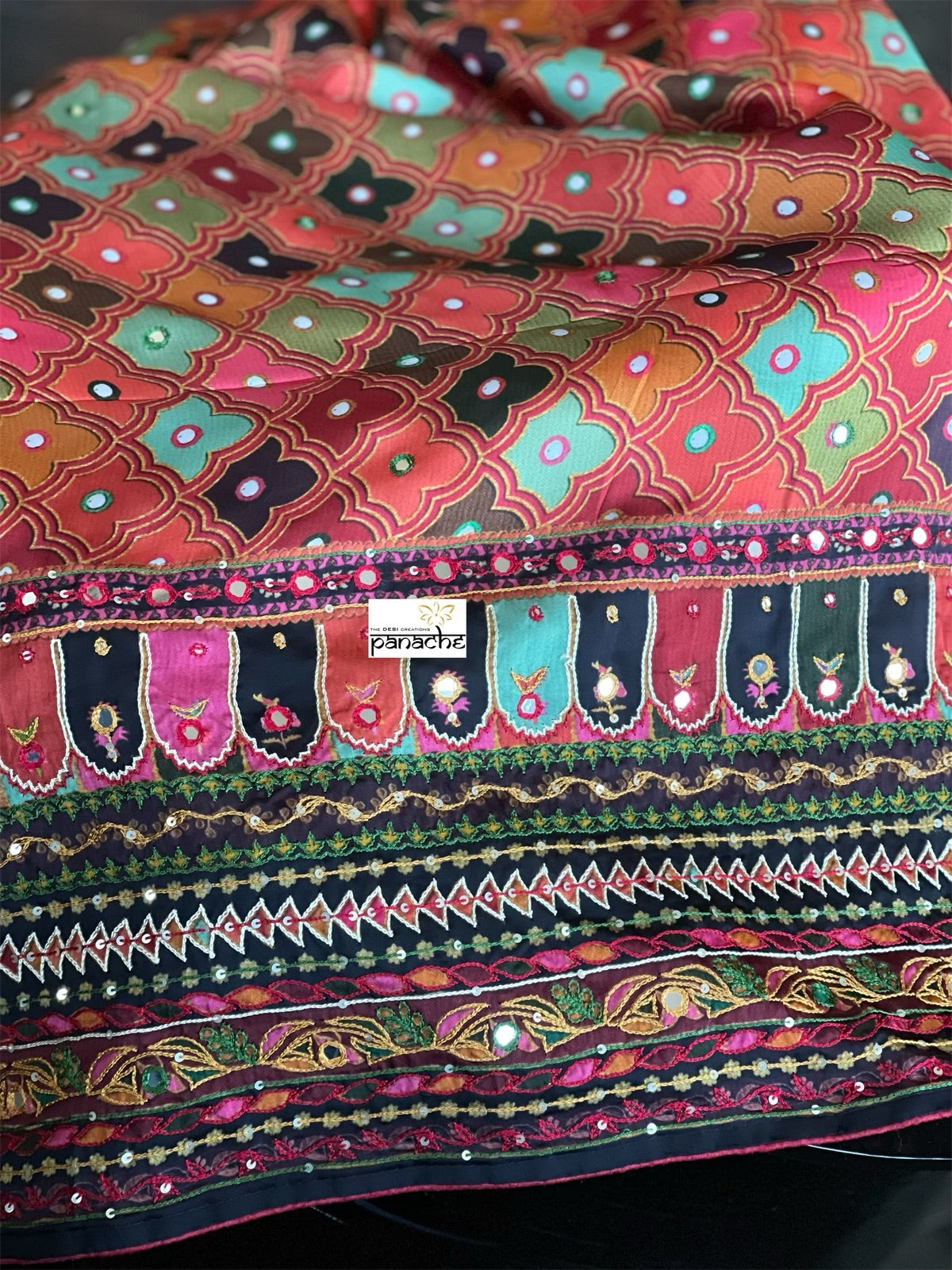 Designer Satin Georgette Silk - Brown Rust Multi Color