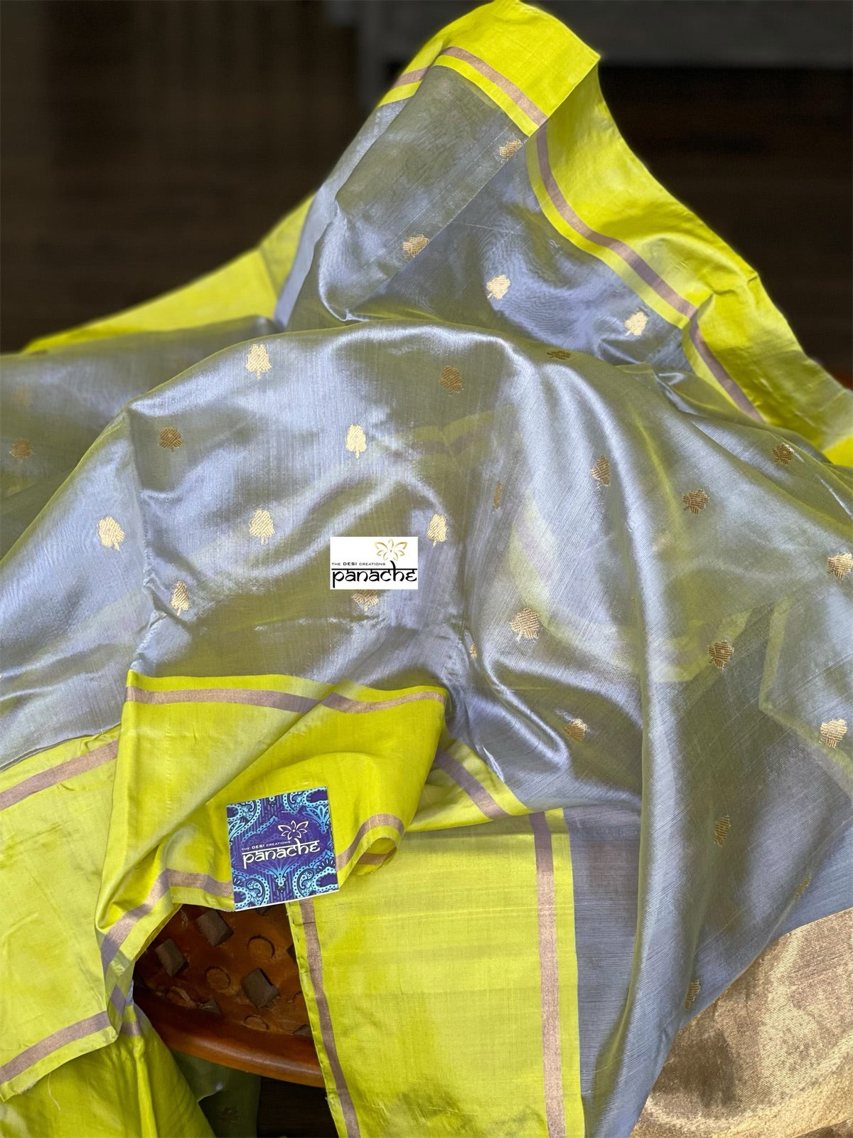 Pure Chanderi Pattu Silk - Light Purple Fluorescent Green Dual Shaded