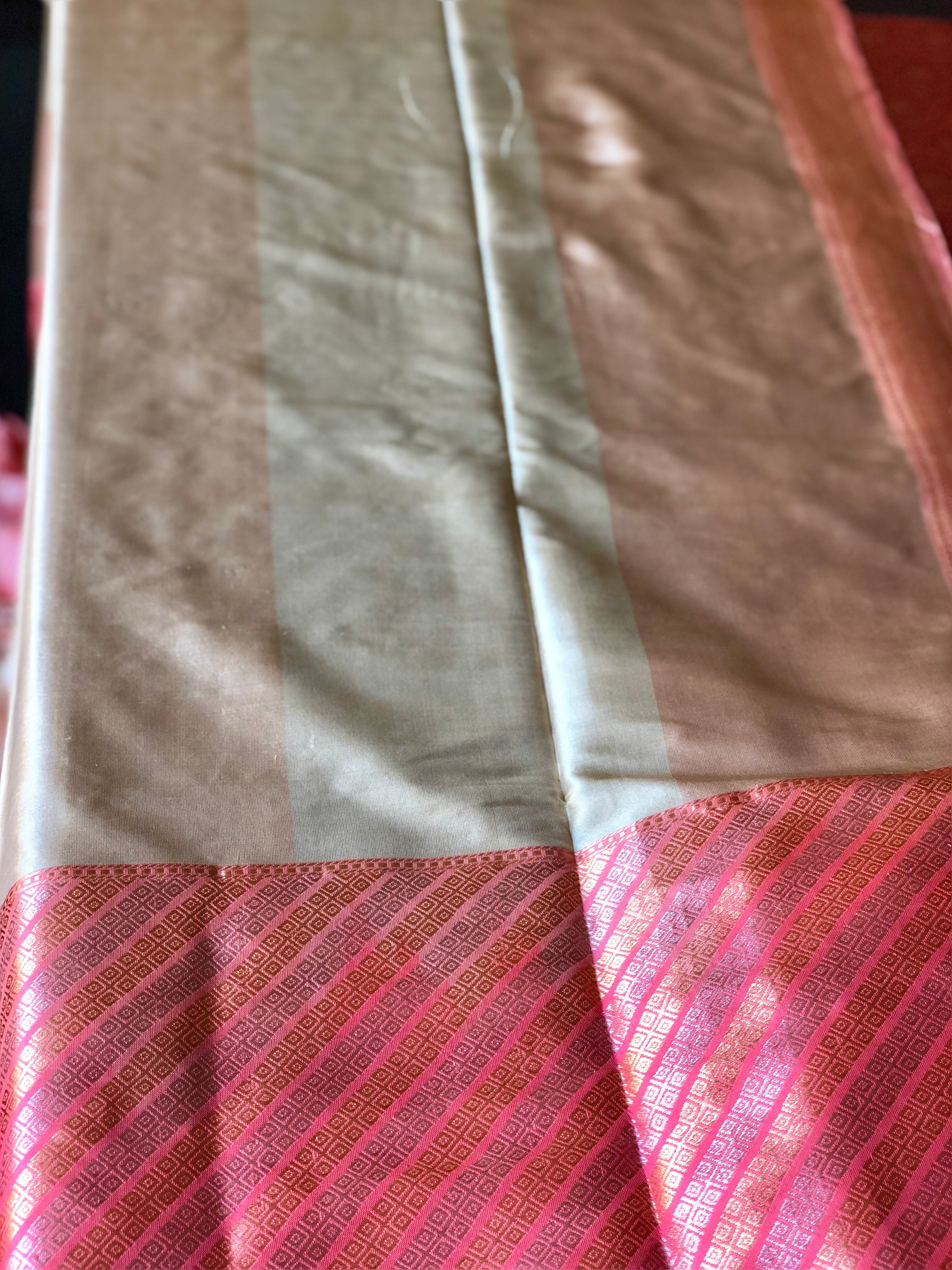 Pure Katan Silk Benarasi - Ivory Pink Golden Silver Zari