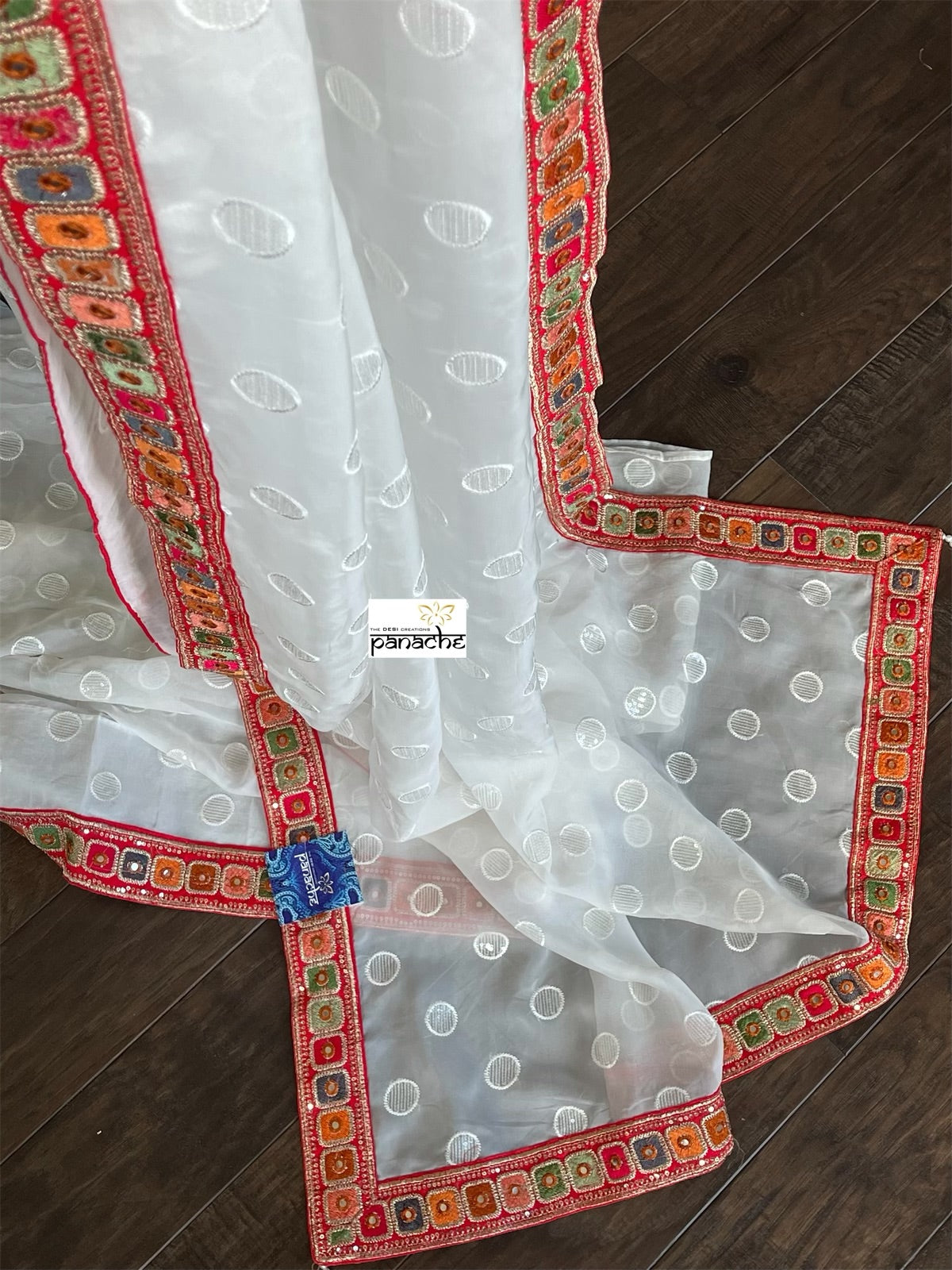 Designer Organza - White Red Sequin woven