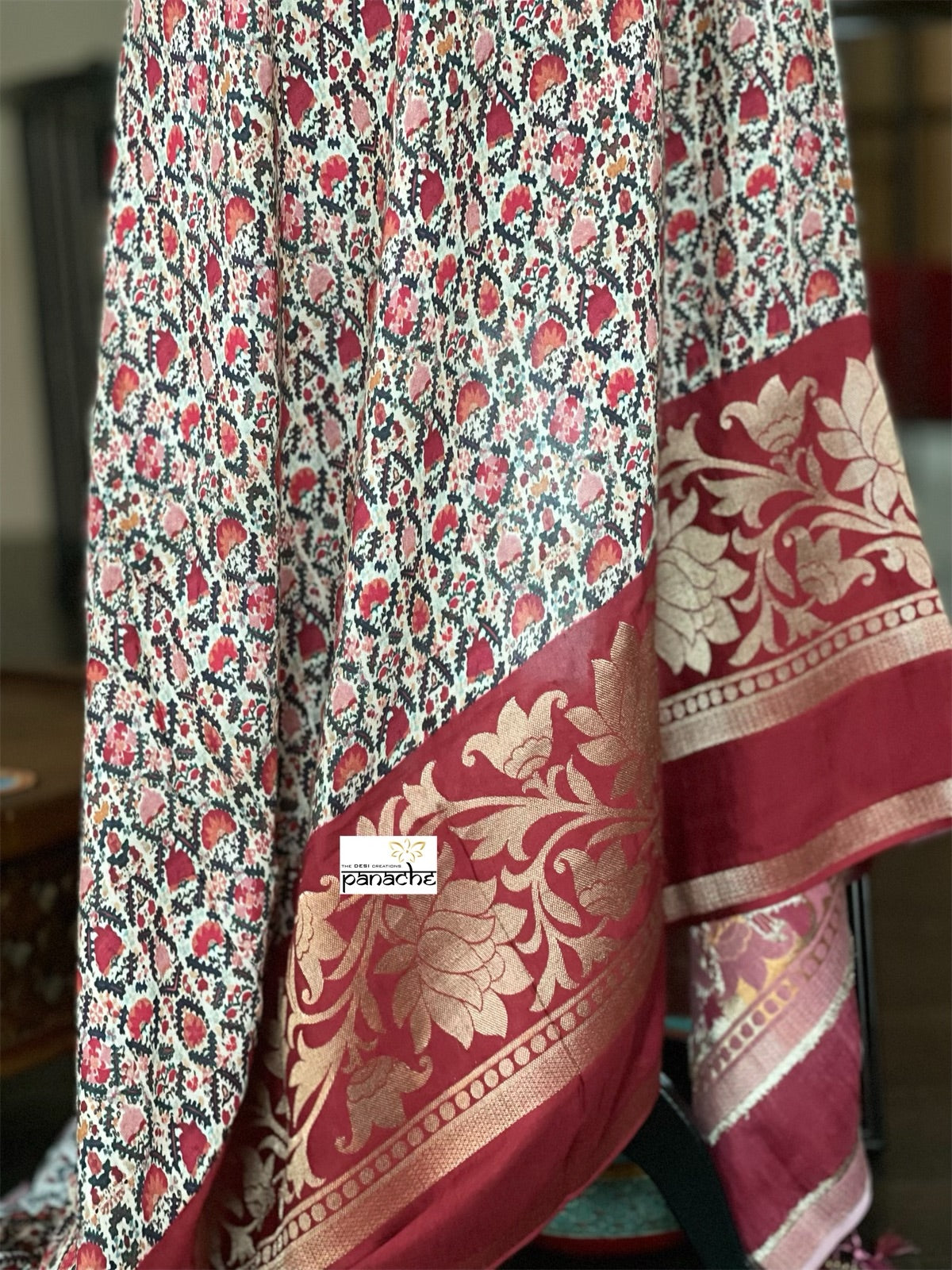 Designer Crepe Silk  - Offwhite Maroon