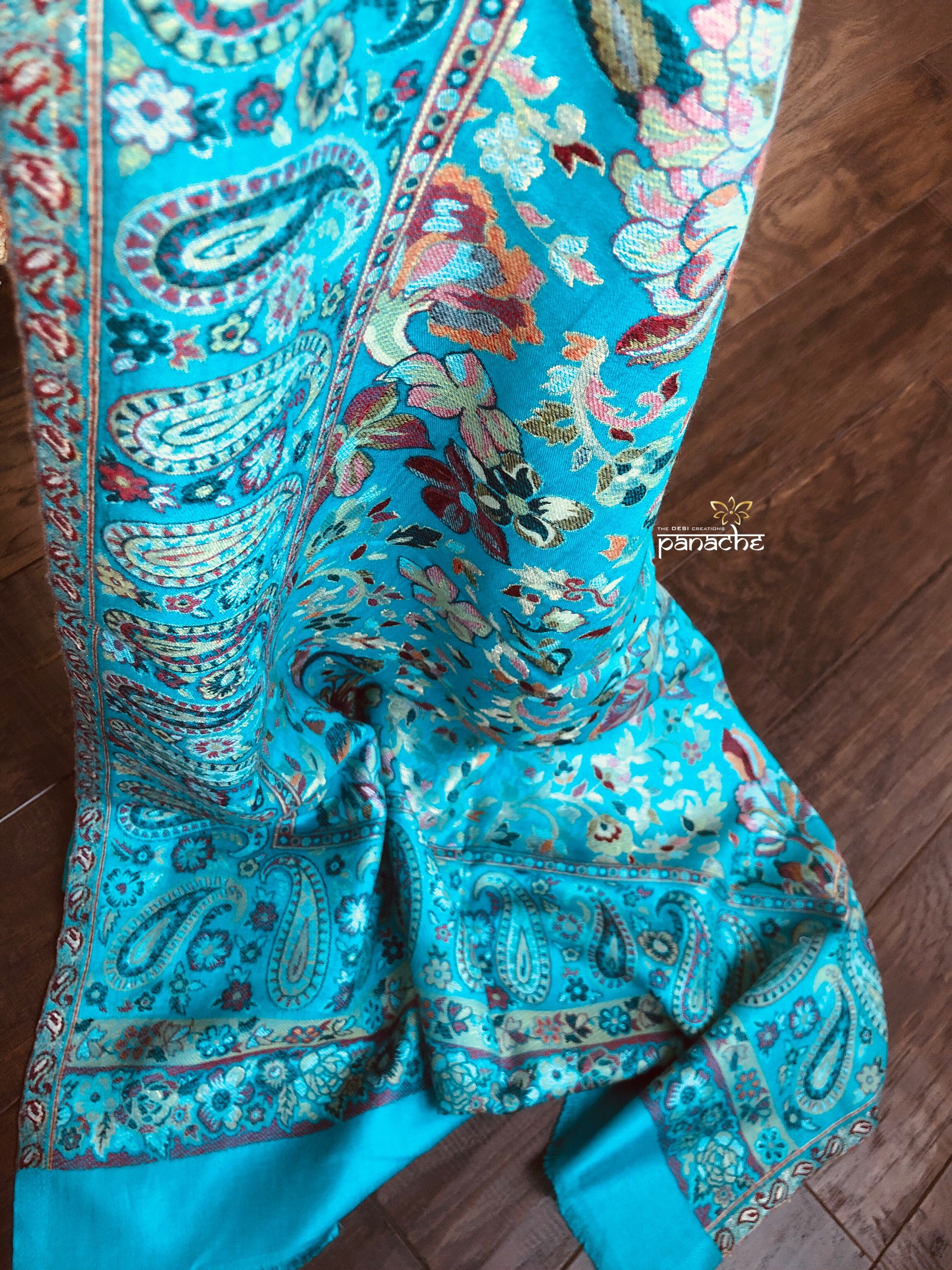 Kashmiri Semi Pashmina Stole - Firozi Resham Zari Woven