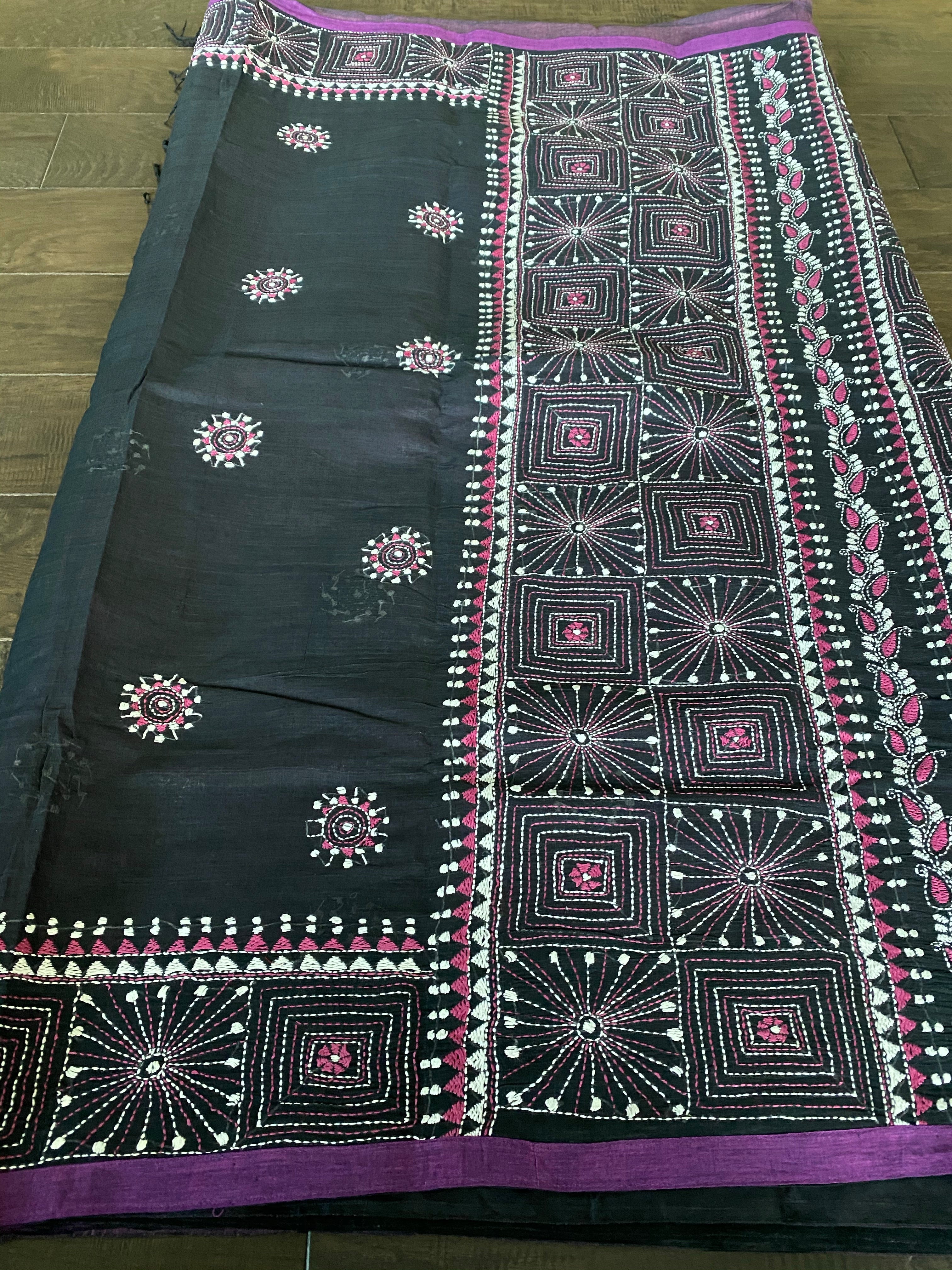 Cotton Kantha Stitch -  Mauve Purple Black Half Half