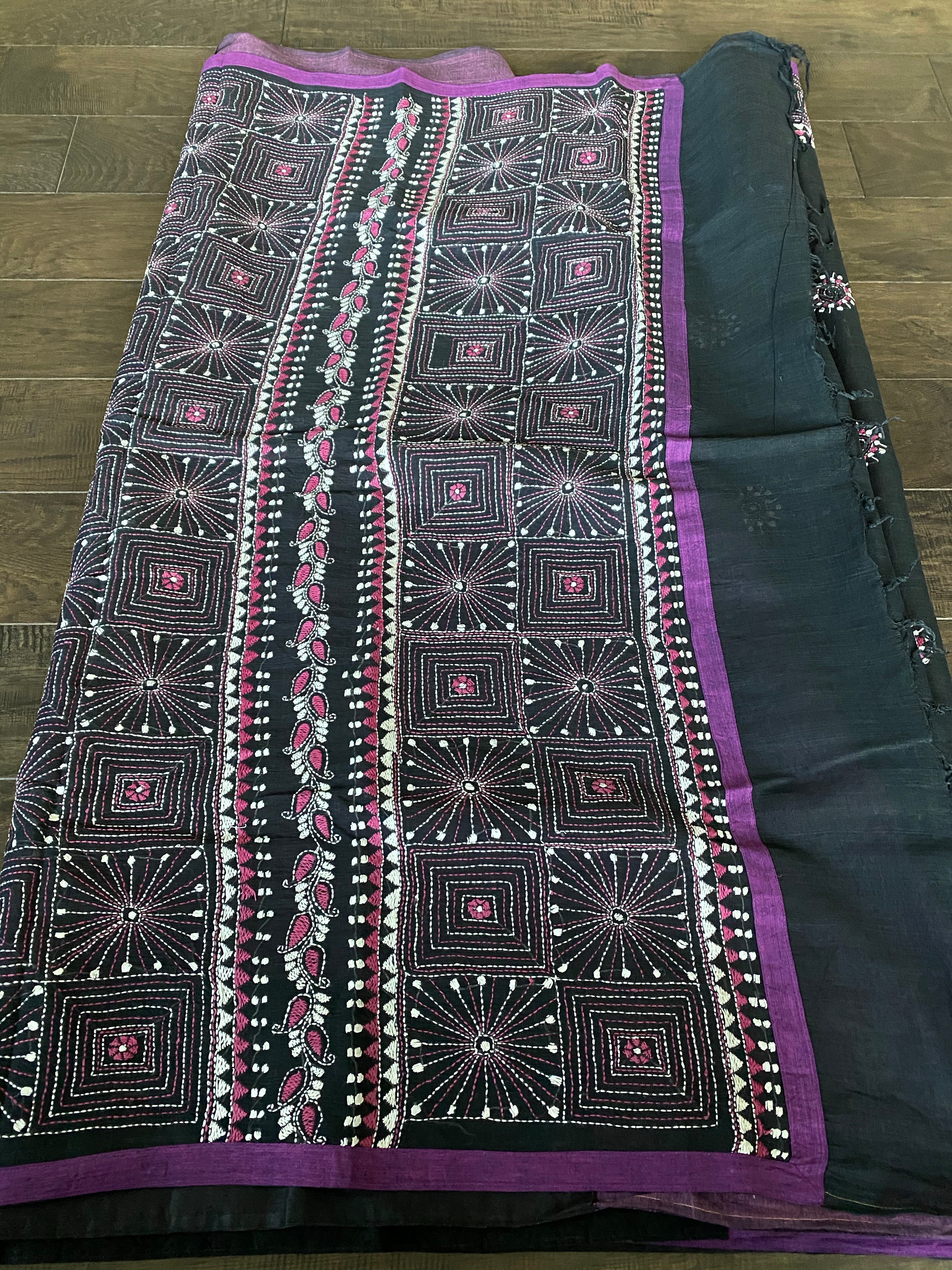 Cotton Kantha Stitch -  Mauve Purple Black Half Half