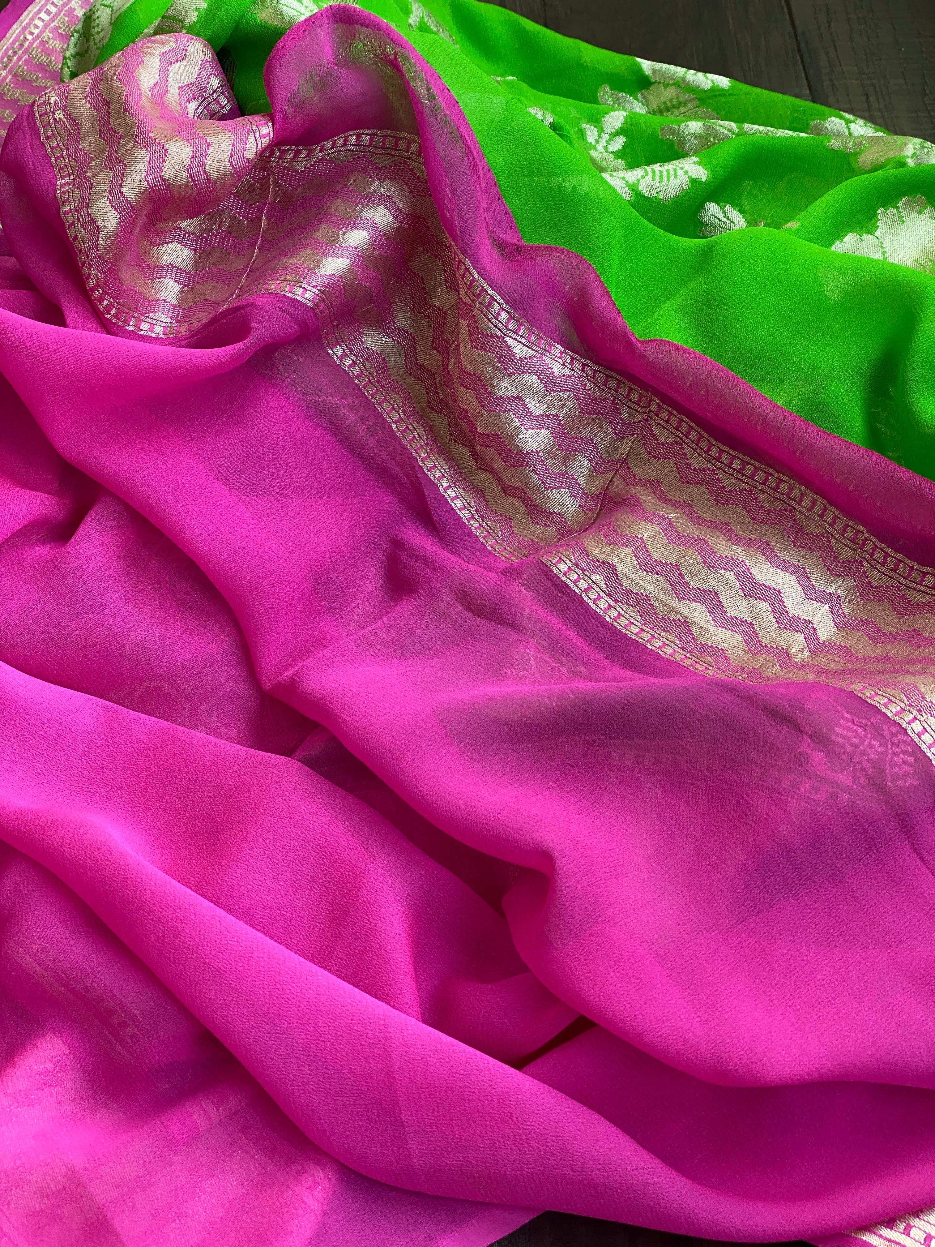 Khaddi Georgette Banarasi - Green Pink
