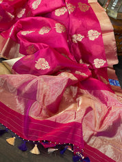 Pure Chanderi Pattu Silk - Magenta Pink Blue Iknaliya woven