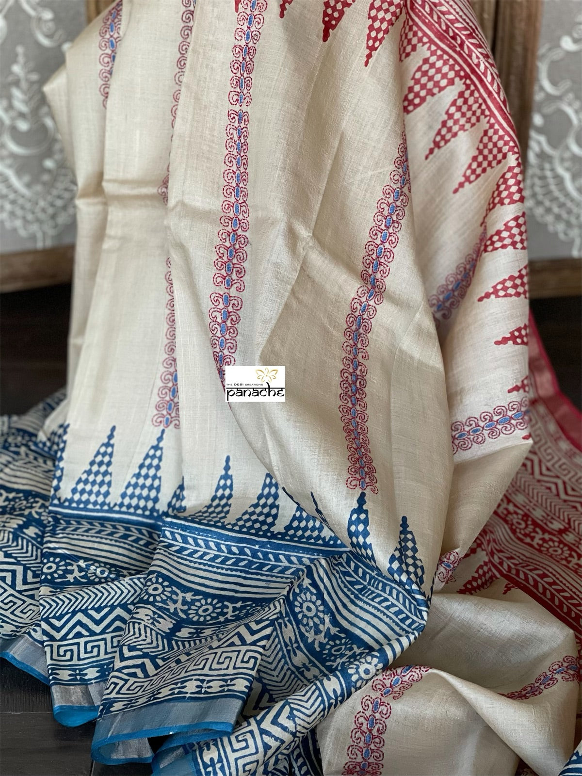 Printed Tussar Silk Kantha Stitch - Beige Blue Red