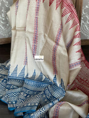 Printed Tussar Silk Kantha Stitch - Beige Blue Red