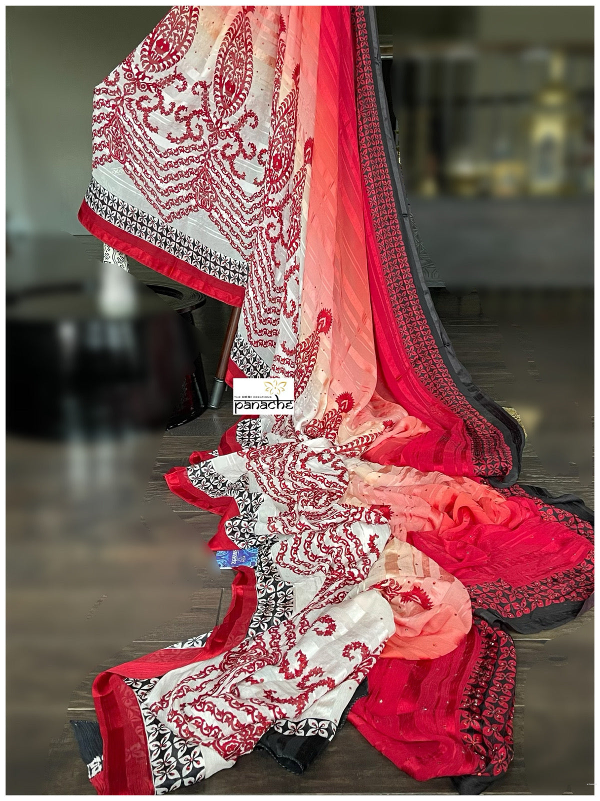 Designer Georgette Silk - Black Red Chiffon